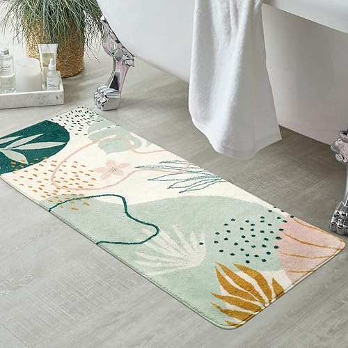 Lindas alfombras de baño largas bohemias, modernas, de terciopelo antideslizante, suave, lavable a máquina, con hojas verdes, alfombra abstracta