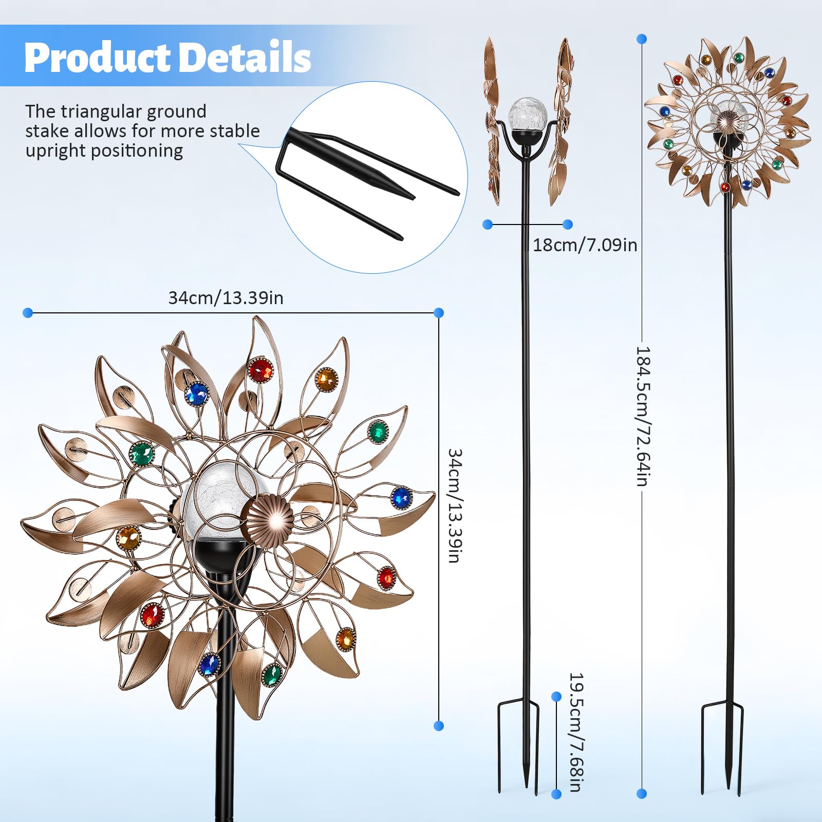 Solar Windrad Garten Metall mit Farbwechsel LED - Großes Windspiel Garten 190cm, Wetterfestes Windspiel Metall mit Federblättern & Kupfer-Optik, Windmühle für Außen Terrasse Balkon