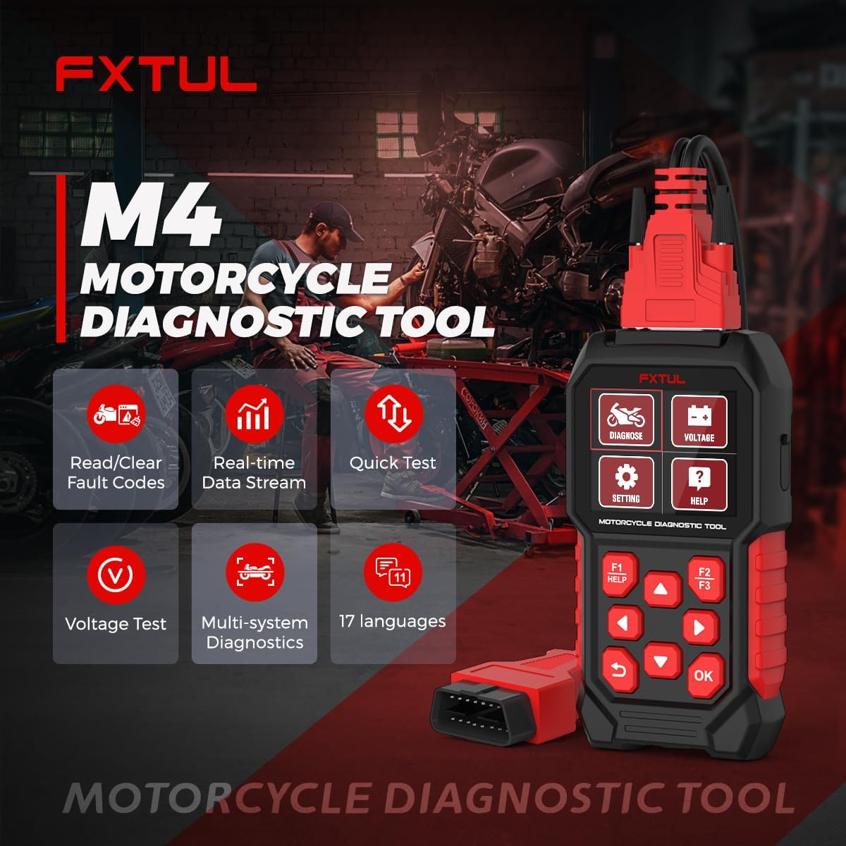 M4-Asia Motorcycle Diagnostic Tool Full System OBD2 Scanner | Honda, Yamaha, Suzuki, Kawasaki, KTM, Vespa, KYMCO, SYM, PGO, Benelli, Euro 5/6, TPMS, ABS, IMMO, ECU Reset, Battery Test
