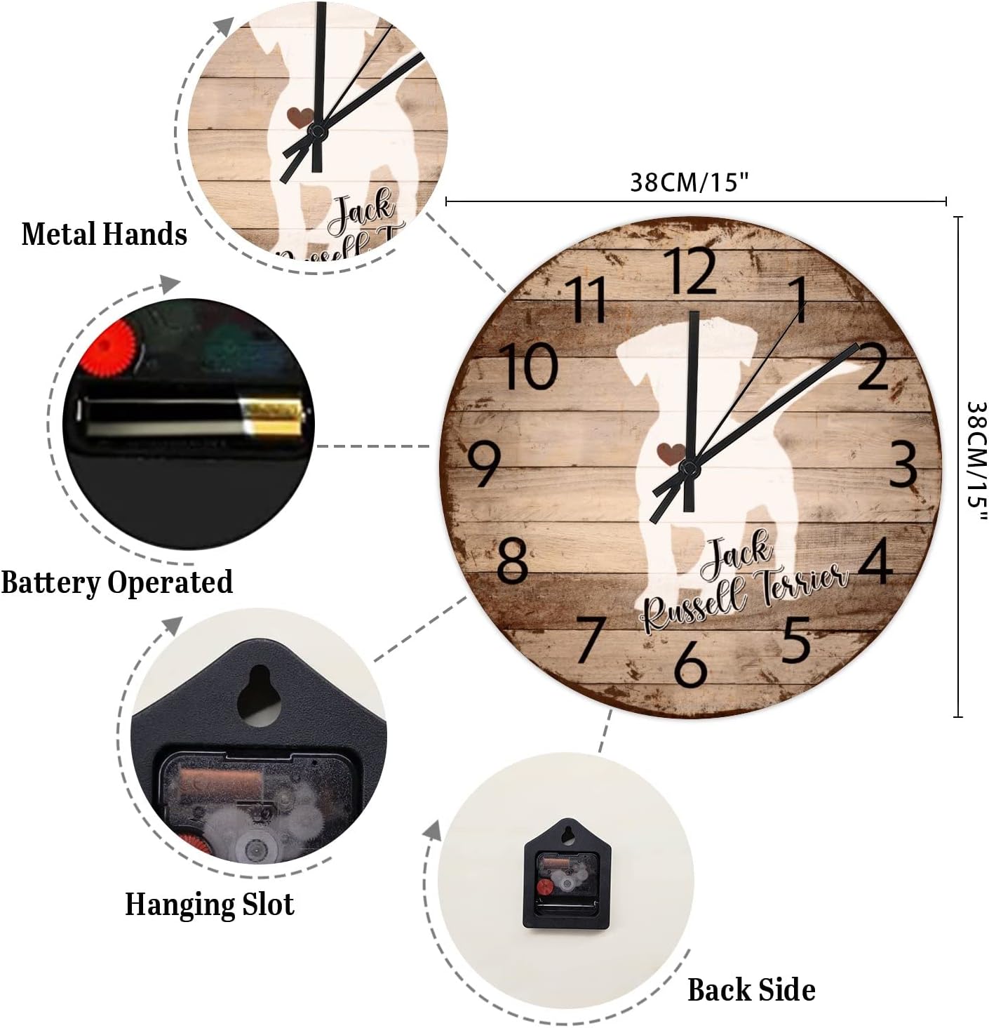 Decorative Wall Clock Jack Russell Terrier Wall Clock Dog Owner Wooden Clocks Silent Battery Operated 15 Inch Shabby Chic Retro Round Clock for Kitchen Bedroom Office