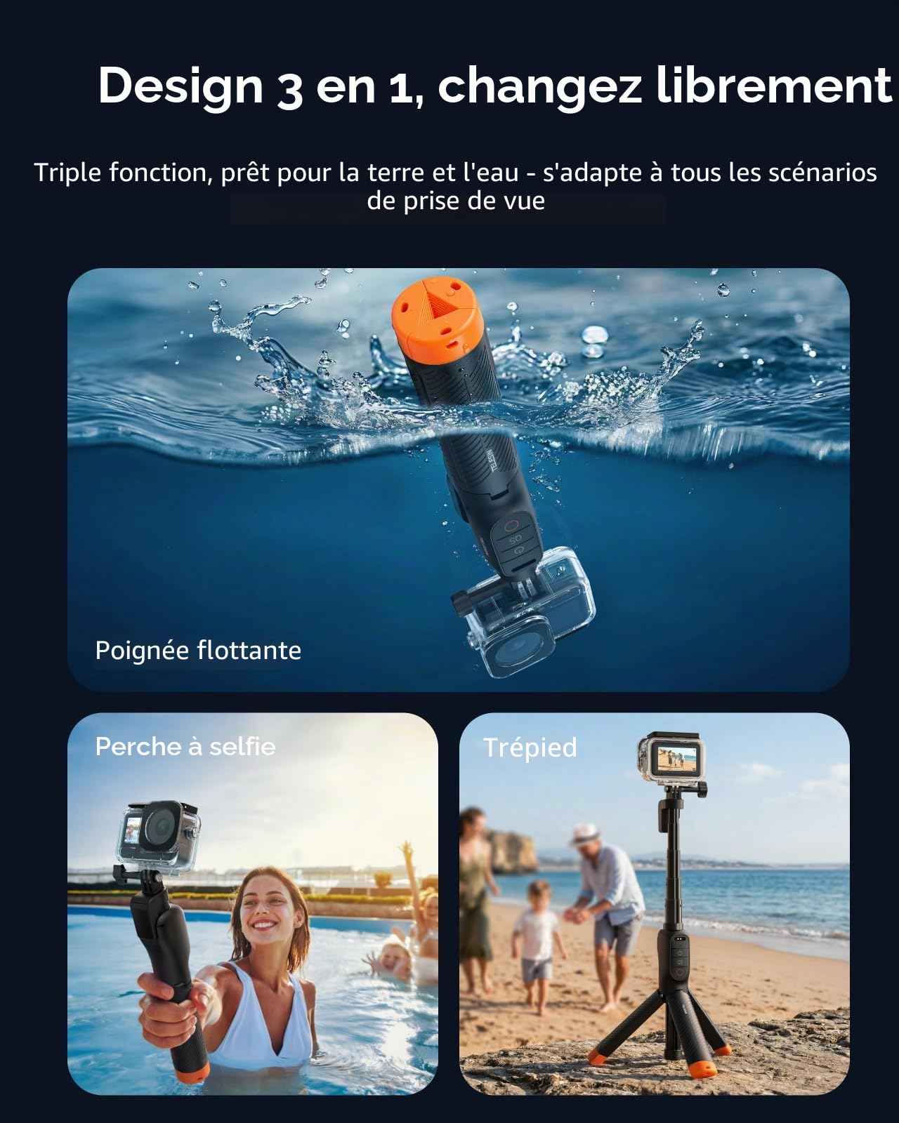 TELESIN Poignée Flottante Bluetooth pour DJI Osmo Action 6/5 Pro/4/3 | Télécommande Bluetooth intégrée | Flotte pour sécuriser la caméra | Idéale pour le surf, le snorkeling et les vlogs de voyage