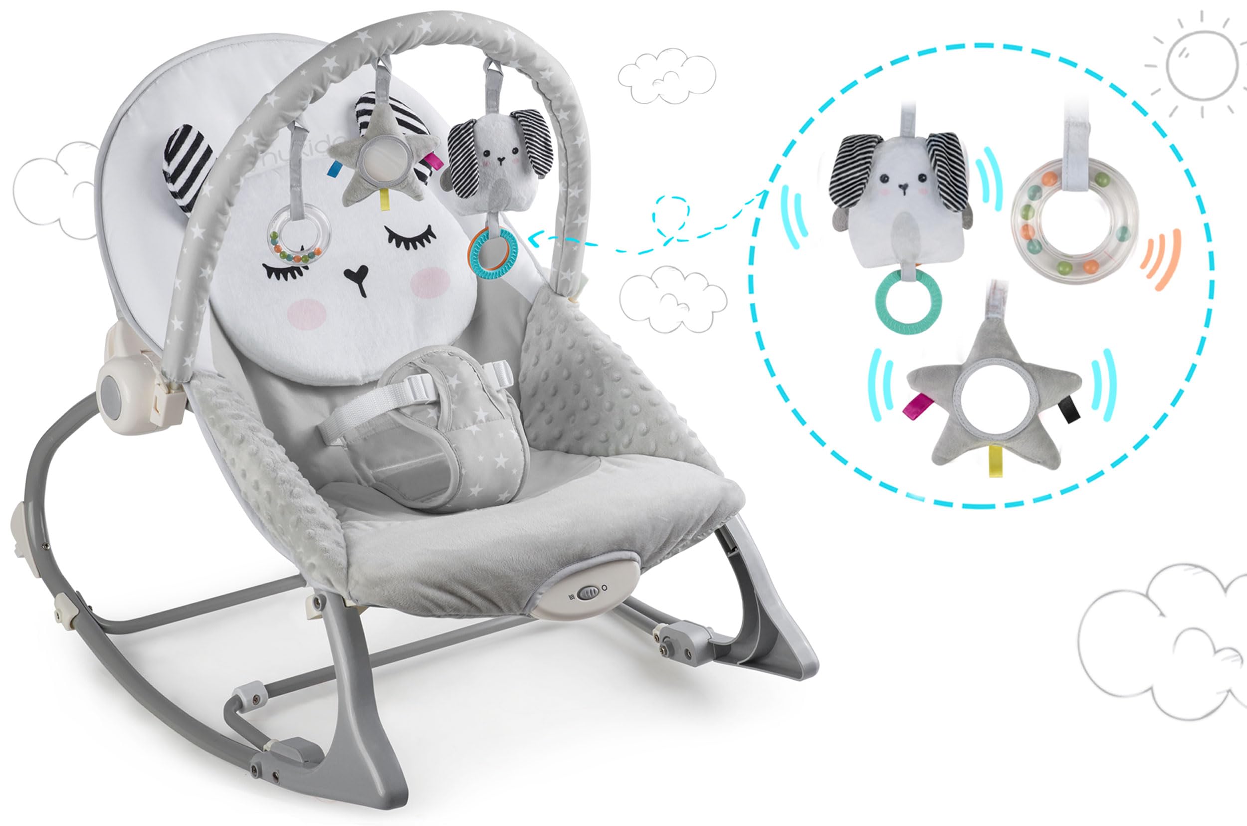 Nukido Sdraietta Neonati - Dondolino con Vibrazione e Giochi - Piedini Antiscivolo - fino a 18 kg Grigio