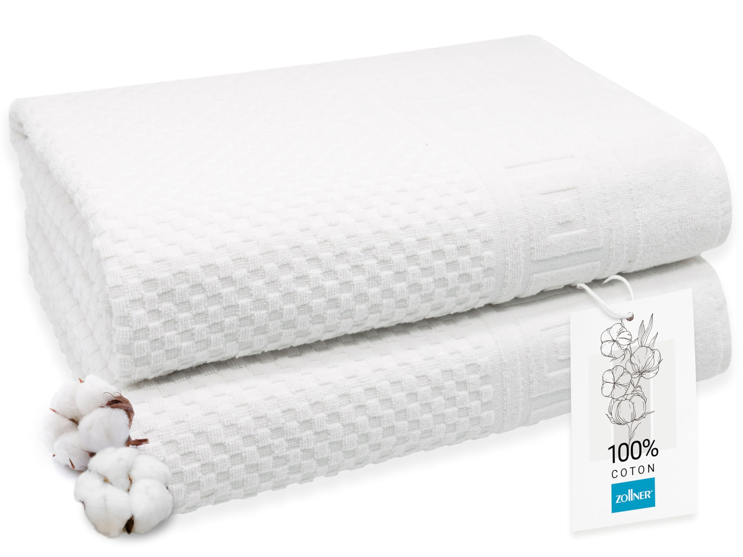 ZOLLNER Lot de 2 Serviettes de Bain en 100x150 cm - Motif gaufré Doux et Absorbant, Couleur Blanche - avec Crochet - lavables jusqu'à 95 °C - Coton - qualité hôtelière - certifiées Oeko Tex®