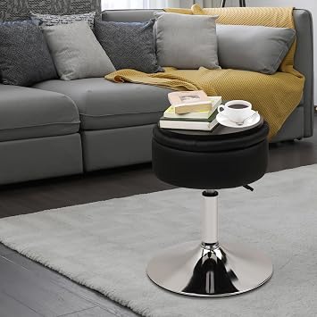 KLASIKA Vanity Stool Chair with Big Storage, Height Adjustable PU Leather Tufted Makeup Stools, 360° Swivel Modern Round Ottoman Cute Girl Make Up Stool for Bedroom Bathroom Living Room, Black 1PK