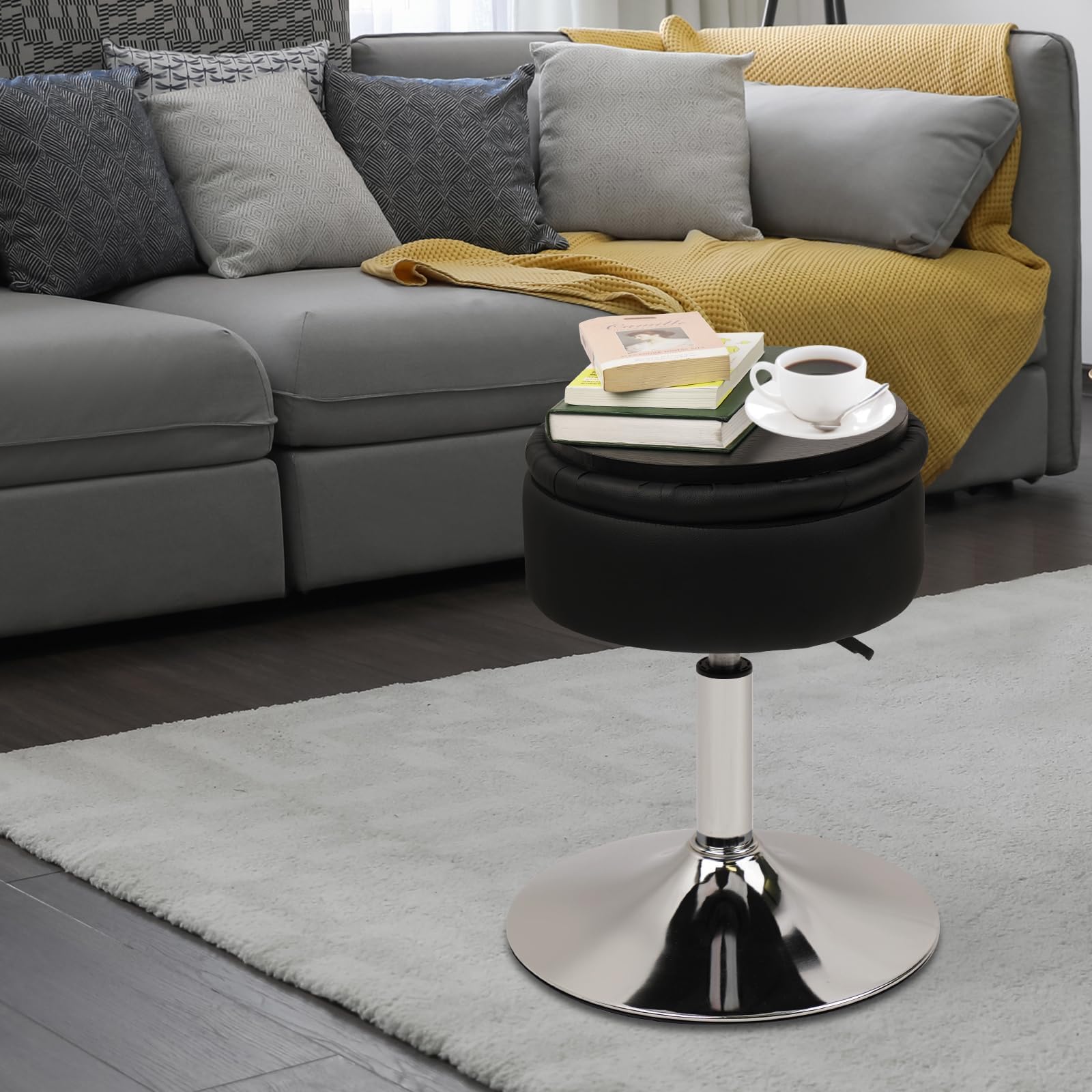 Klasika Tabouret de Coiffeuse avec Rangement, Pivotant à 360° Réglable en Hauteur Tabourets Chaise de Maquillage Rembourré, Rond Vanité Siège pour Chambre à Coucher, Salon, Noir
