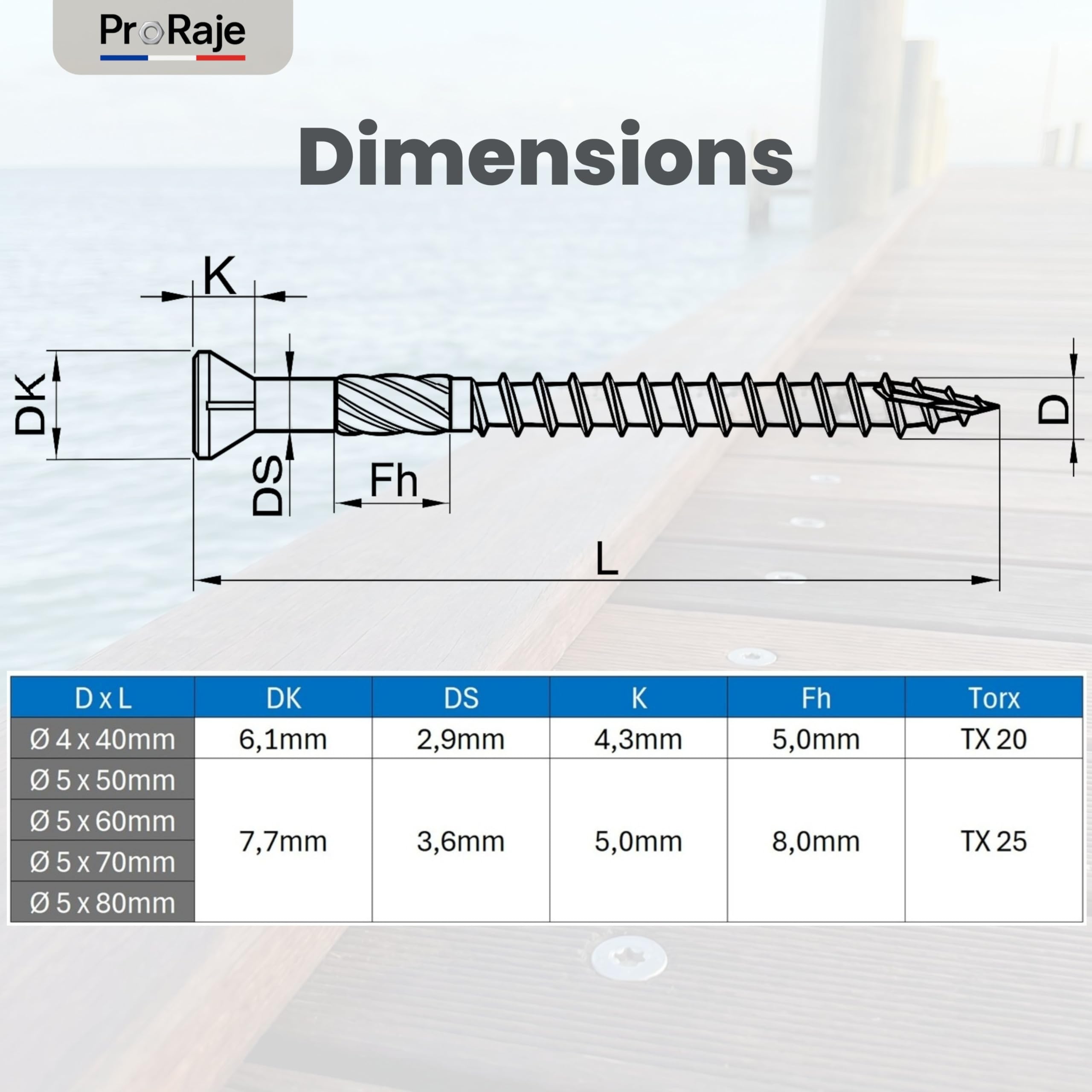 Vis de terrasse INOX A2 : 5x60 mm tête fraisée réduite TORX Ø 5 x 60mm | Vis à bois 60 mm terrasses/planches/bardages | Acier Inoxydable A2 (V2A/304) | 1 embout inclus : LOT DE 200 Pcs