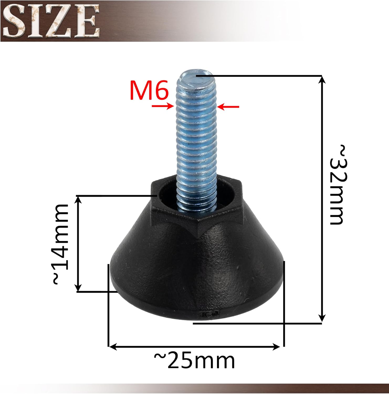 AERZETIX - C74758 - Set of 10 Adjustable M6 Ø25 mm Adjustable Furniture Jack Feet - Height 32 mm - Plastic - Colour Black - Sofas, Desks, TV
