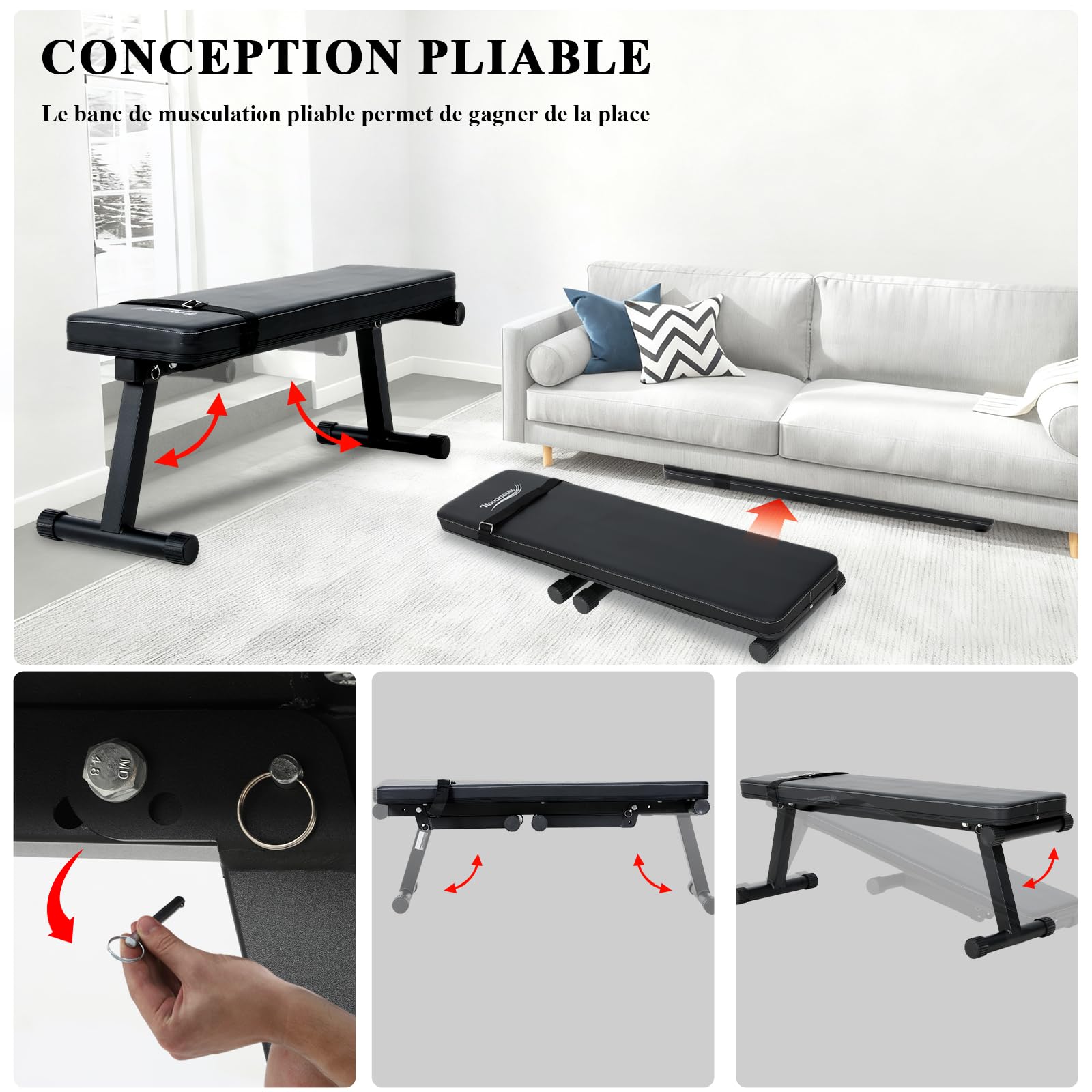 Banc Plat, Banc de Musculation Pliable, Banc d'Entraînement Pliable, Banc Musculation Inclinable Multifonctionnel Réglable, Banc de Muscu Abdominaux/Dos/Lombaire Inclinable, ChargeMax.150KG