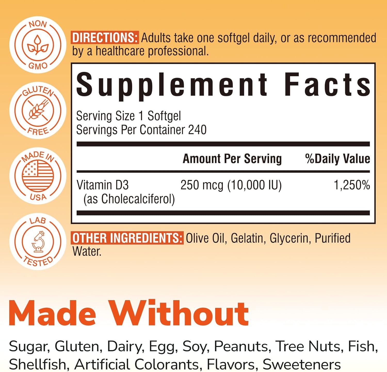 Vitalibre Maximum Strength Vitamin D3 10,000 IU (250mcg), Highly Bioavailable, with Cold Pressed Olive Oil, Immune, Bone & Teeth Health Support, No Soy, Sunshine Vitamin, 240 Mini Softgels
