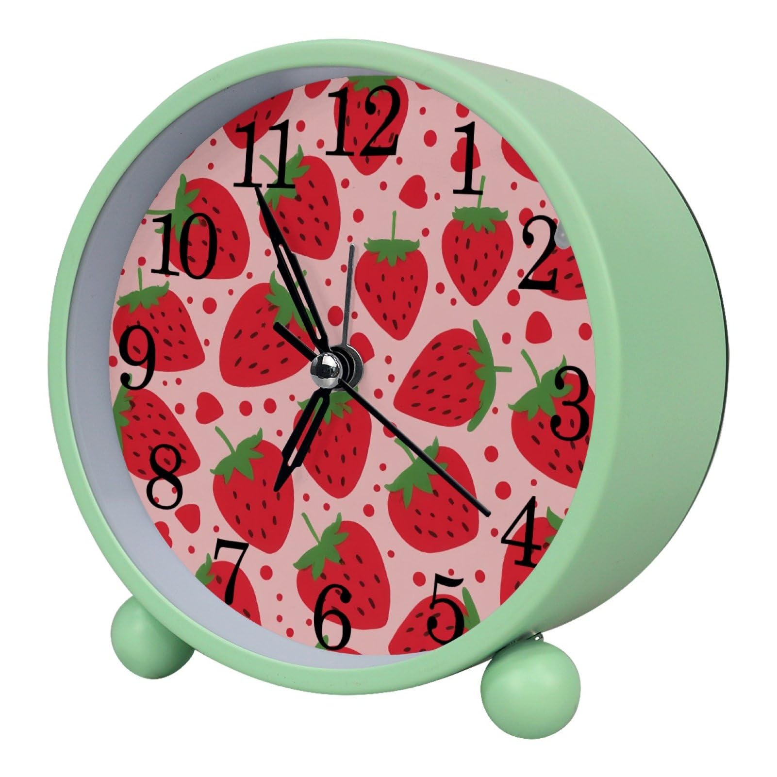 etoenbrc Pink Strawberry Round Battery Operated Bedside Alarm Clock Non-Ticking Desktop Silent Analog Alarm Clock with Light