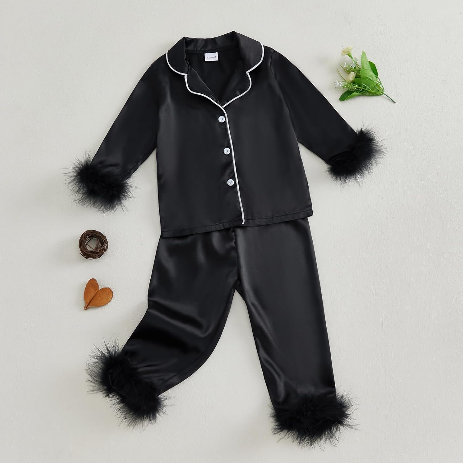 Toddler Baby Girl Satin Pajamas Set Fuzzy Trim Button Down Sleep Shirt Top Pants Bottoms Sleepwear Loungewear Set - Image 3