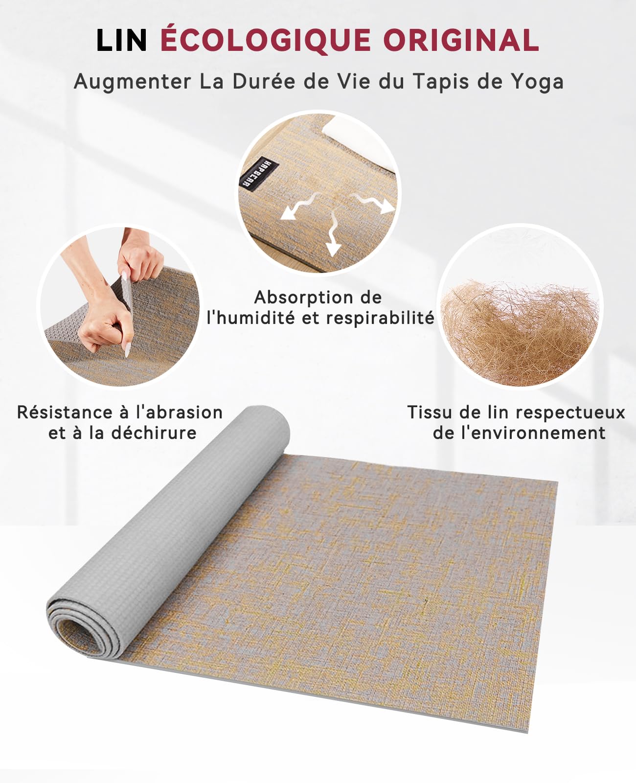 HAPBEAR Tapis de Yoga Lin en 213x76x0,6cm | Lin Naturel Durable de 6mm d’Épaisseur,Antidérapant et Résistant à la Déchirure - Pour Yoga à Domicile,Méditation et Pilates