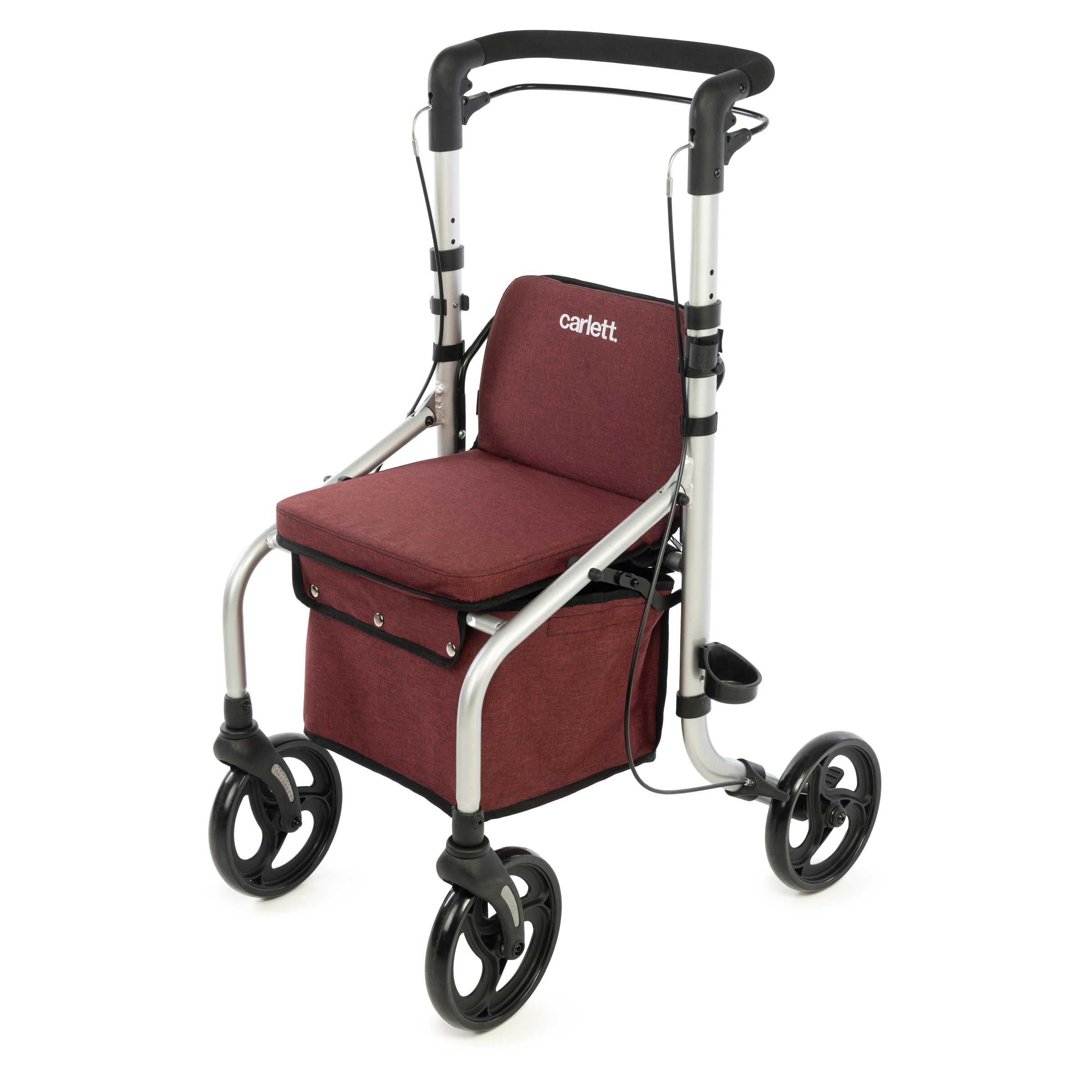Carlett Deambulatore con Sedile e Schienale, Prodotto Medico Certificato UE, Ruote Grandi 20 cm, Manico Regolabile, Freno di Parcheggio e Pedale per Cordoli, Robusto ed Ergonomico, Lett Go, Rosso