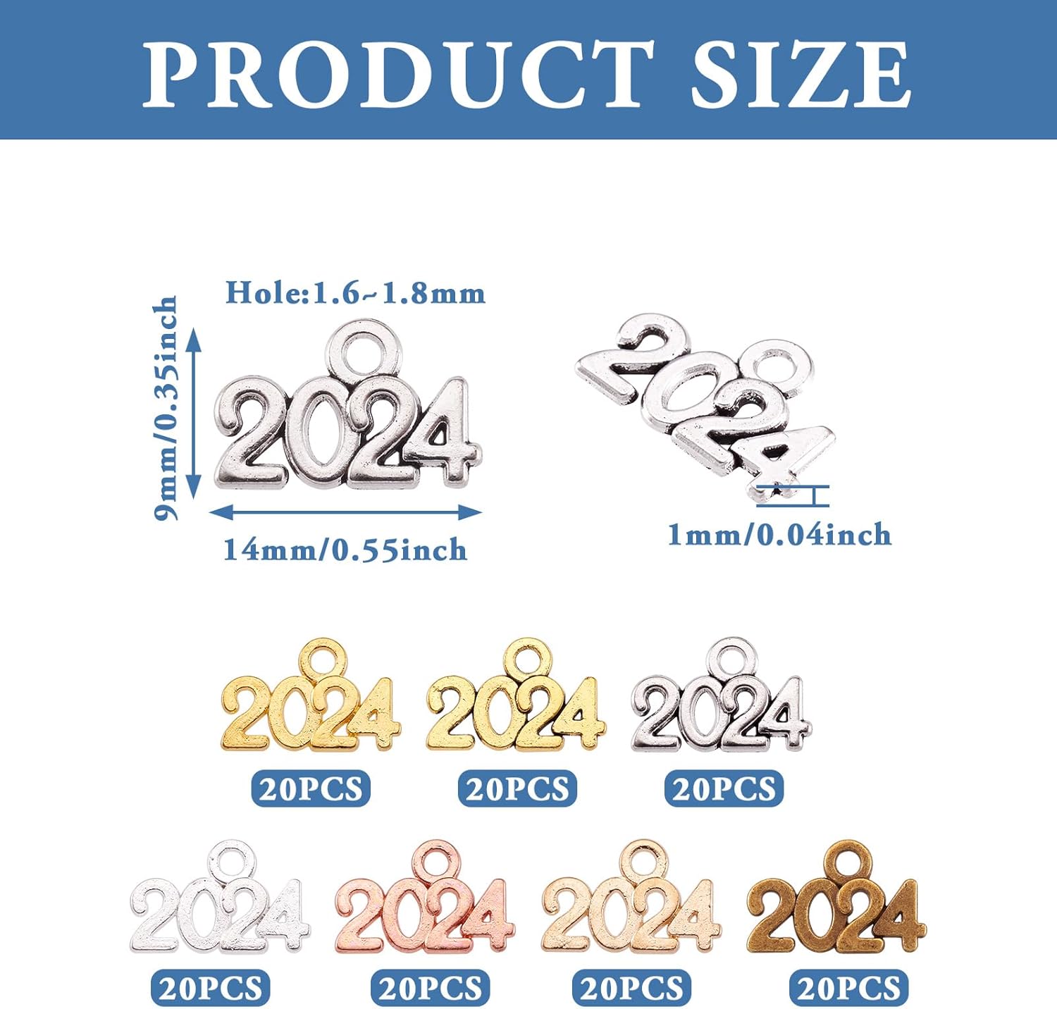 FASHEWELRY 140pcs Tibetan 2024 Year Charms Mixed Color Alloy 2024 Graduation Charms Number 2024 Dangle Pendants for Graduation Cap Tassel New Year Jewelry Making - Image 3