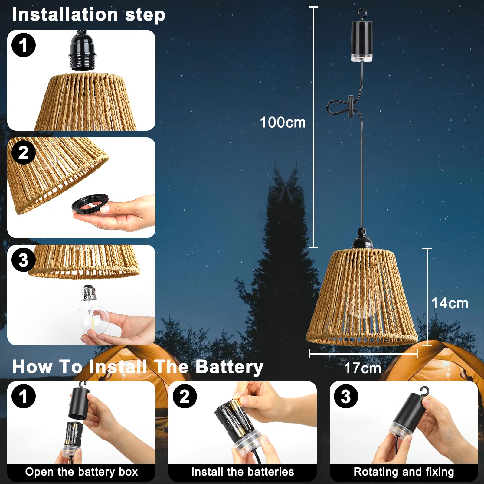 Lightess 3x Pendelleuchte Akku Hängelampe dimmbar Hängeleuchte Boho IP65 | Rattan-Lampenschirm, ohne Stromanschluss, Fernbedienung dimmbar 4 Stufen & Timer für Garten, Terrasse, Schlafzimmer, Esstisch