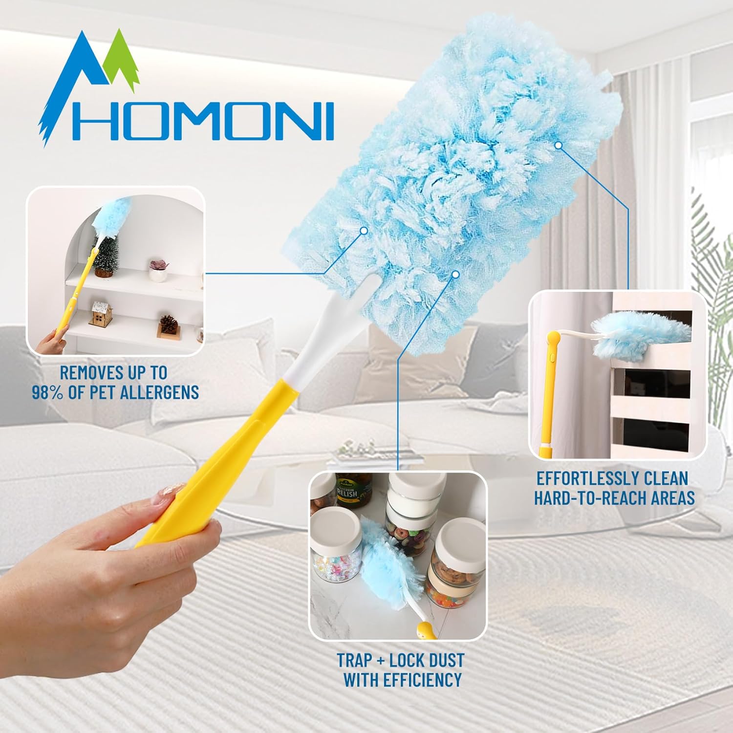 Duster Refill for Swiffer, 360 Heavy Duty Refills, Multi Surface, Unscented, Blue, Plastic Handle, Synthetic Head, Soft, Furniture, Fan (30 Count + 1 Handle)