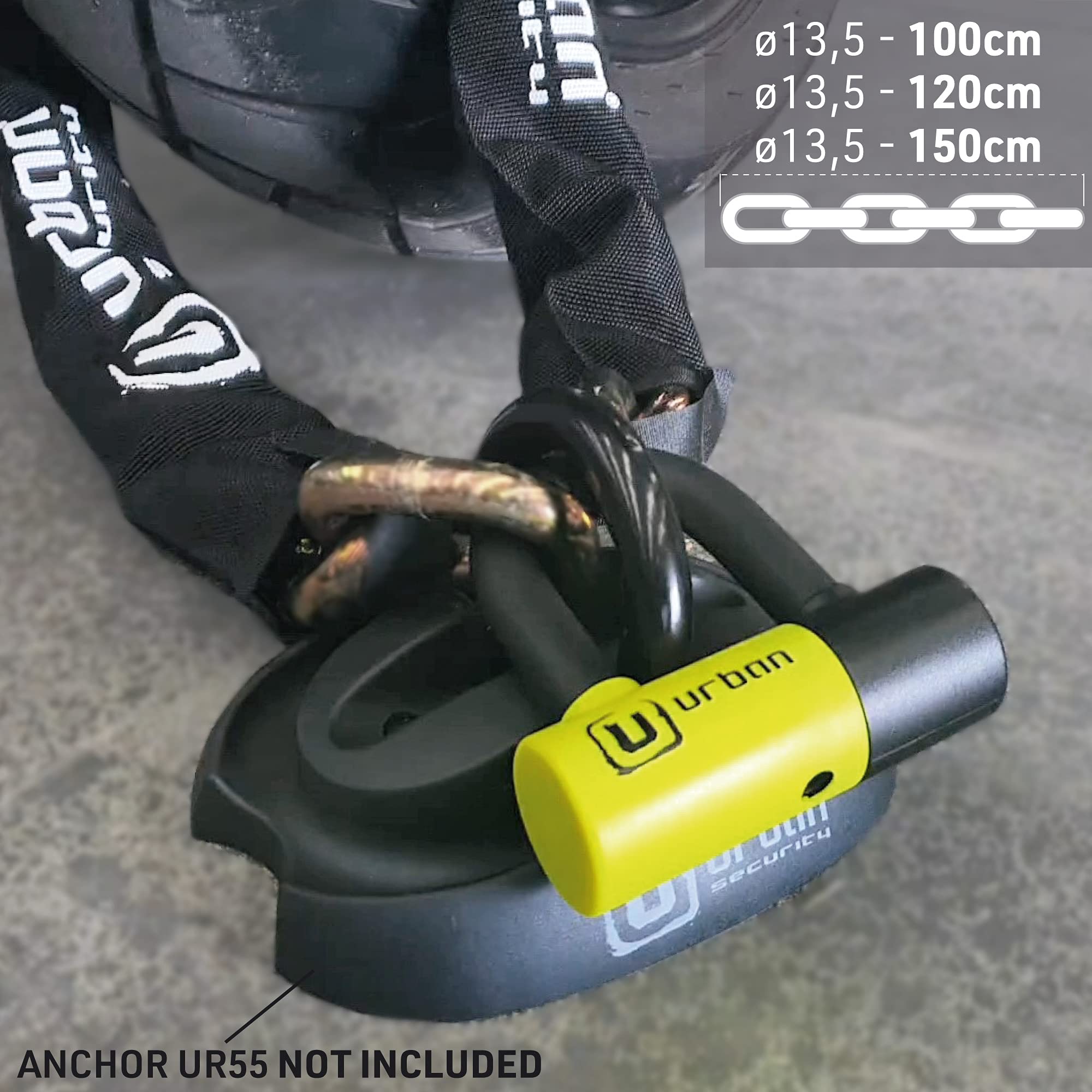 URBAN UR59K100 Antivol moto chaîne haute sécurité en acier spécial durci de 13,5 mm et solide cadenas mini U 14 mm, pour moto, scooter et vélo électrique, 100 cm, noir/jaune
