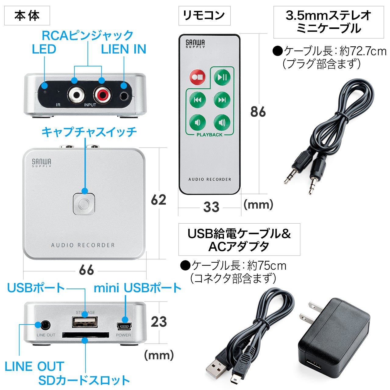サンワダイレクト オーディオキャプチャー パソコン不要 アナログ音声