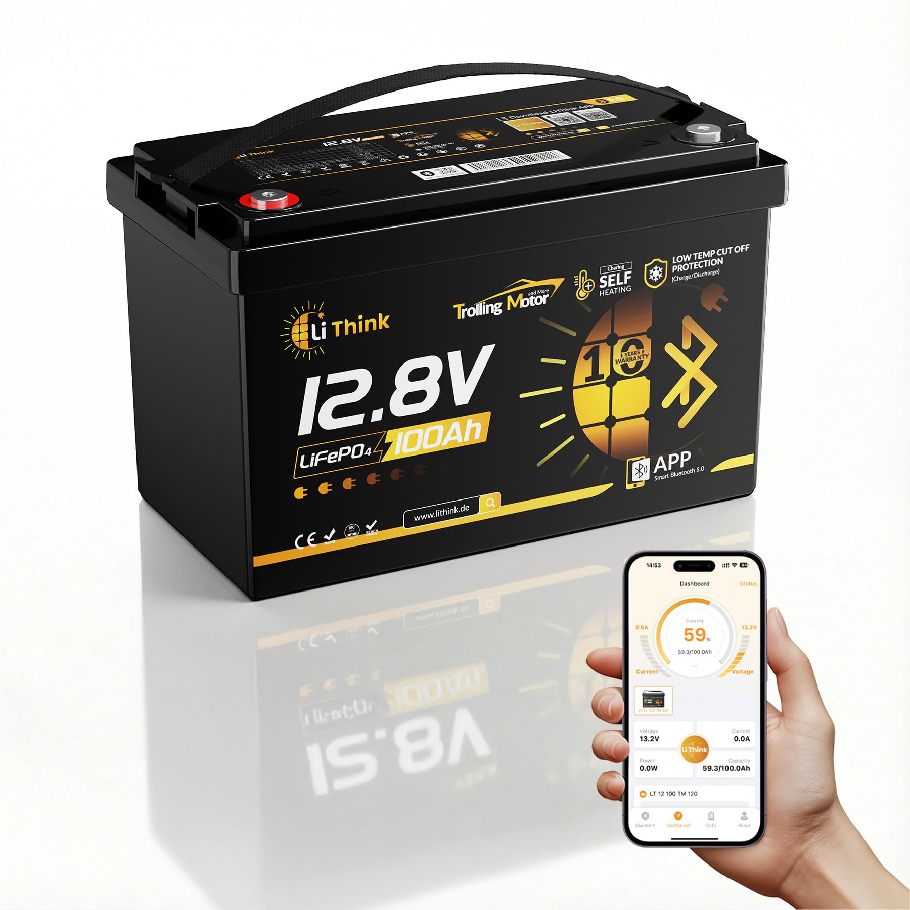 Batterie Lithium 12V 100Ah LiFePO4, Bluetooth, BMS 120A, 1280 Wh, 15000 Cycles, Auto-Chauffage & Basse Température – Idéale Moteur Trolling, Camping-Car, Solaire, Bateau