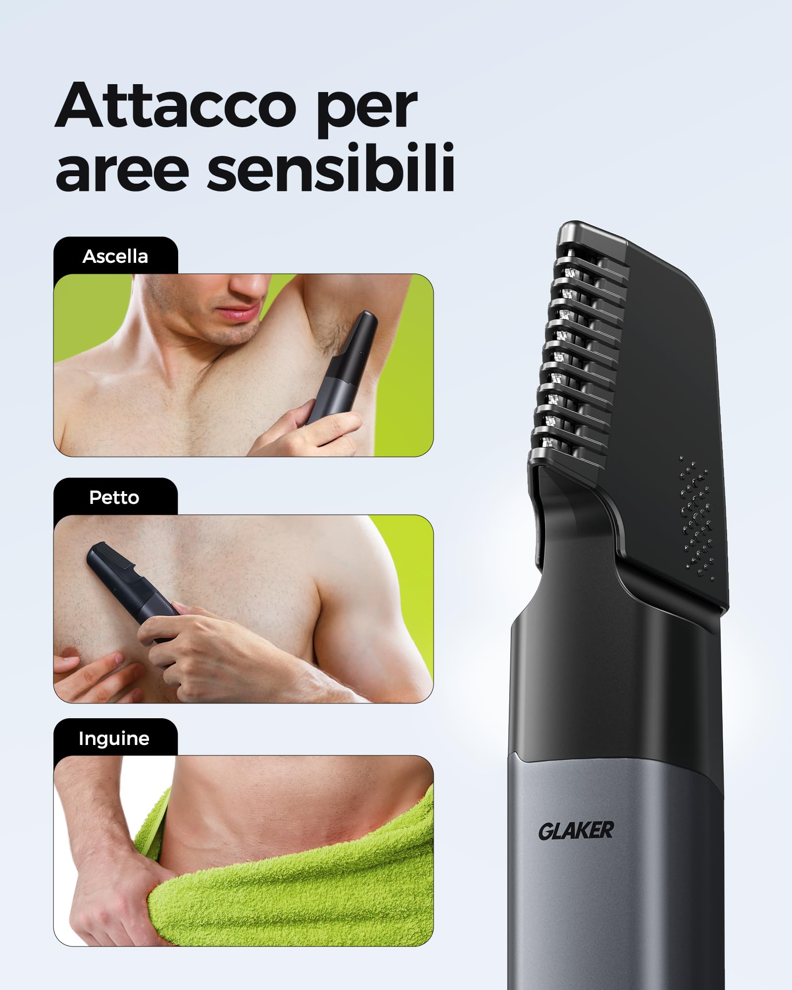 GLAKER Rasoio Elettrico Barba 6 in 1 – Regola Barba Elettrico Uomo Impermeabile per Barba, Capelli, Corpo, Parti Intime e Naso con Testine Intercambiabili