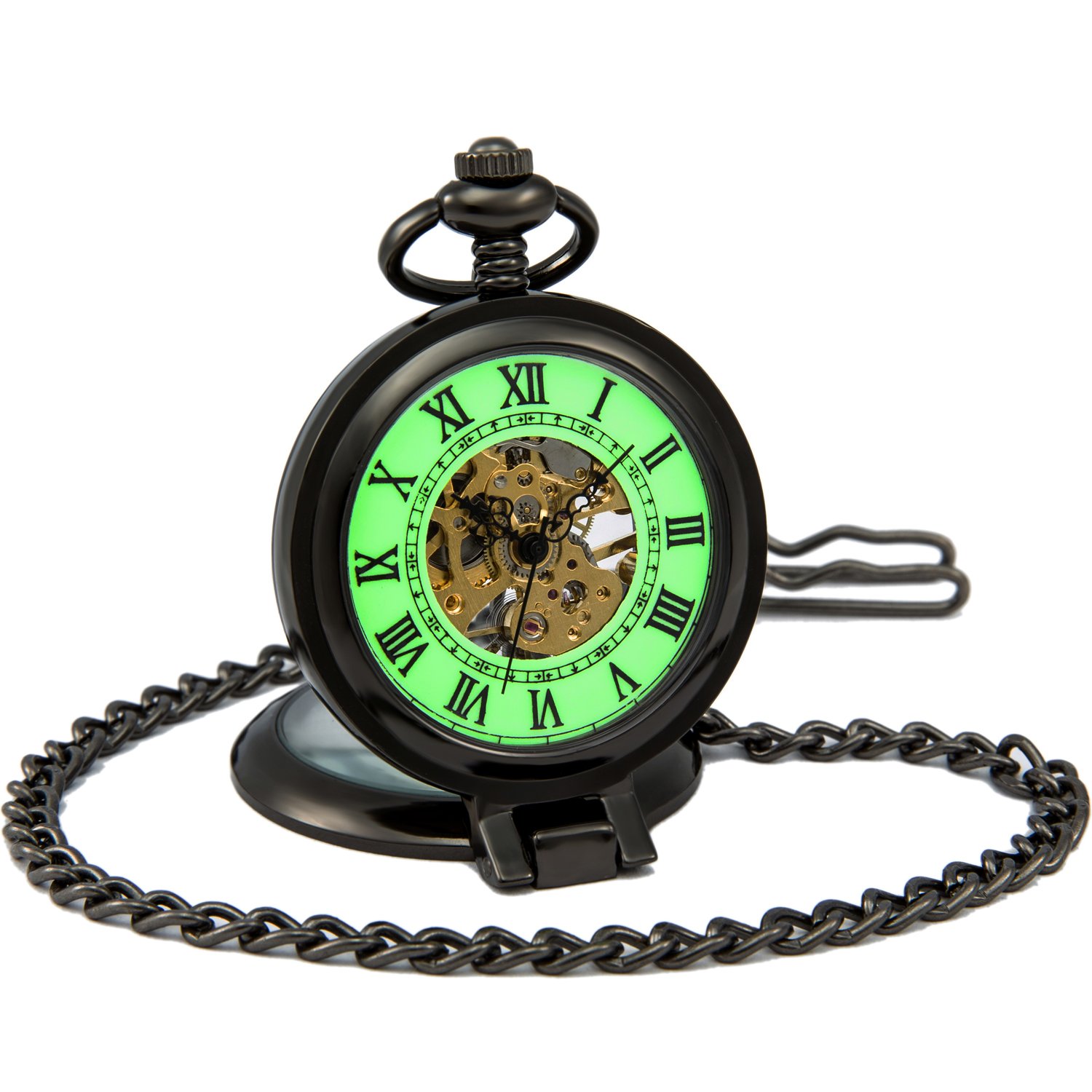SEWORMens Luminous Dial Hand Wind Mechanical Pocket Watch with Brand Leather Gift Box (Stand Up Black)