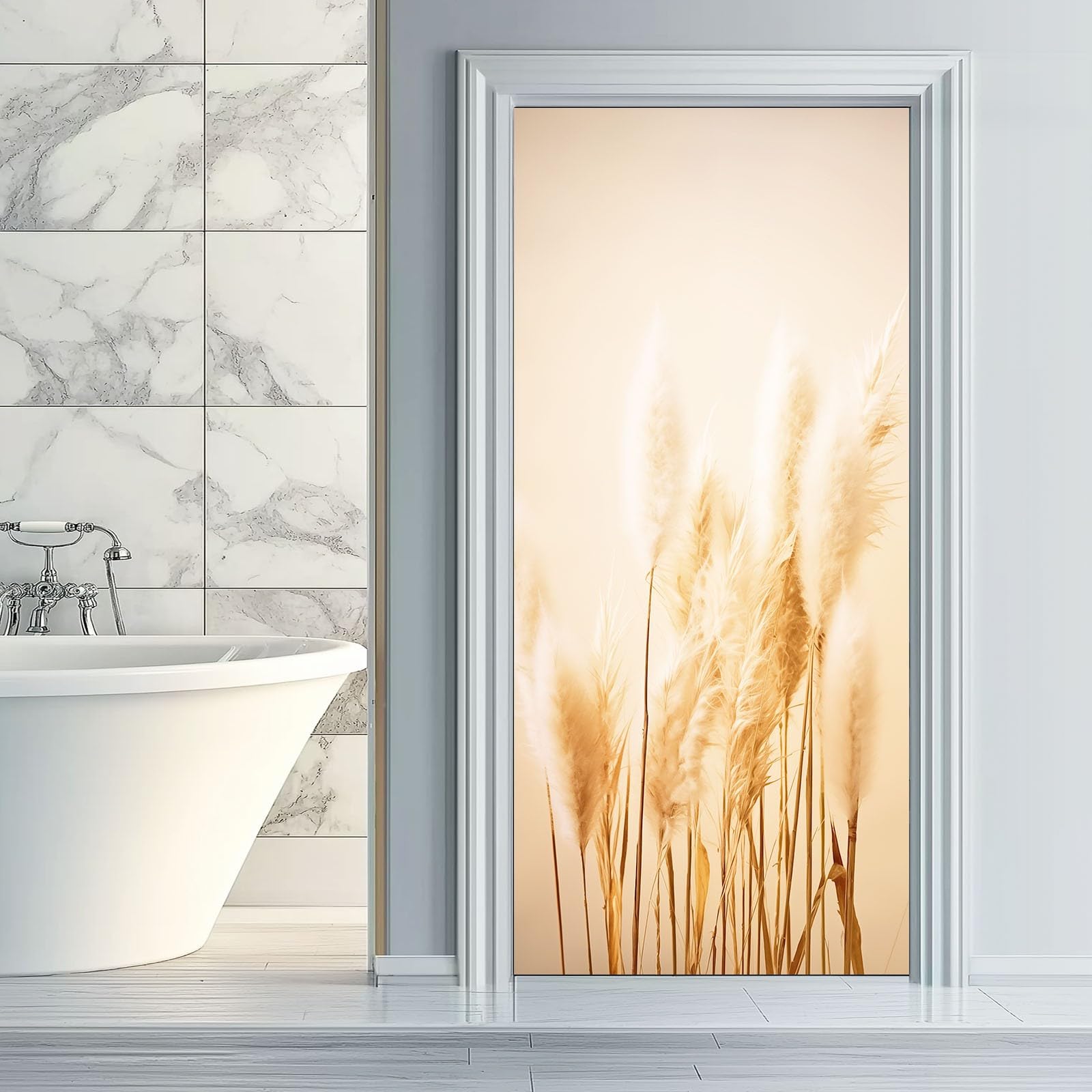 Autocollant Porte 77 x 200 cm Poster de Porte Stickers Muraux, Nature Plantes Herbe De La Pampa Photographie Beige - pour Décoration Mur Salon Cuisine Chambre Salle de Bain Papier