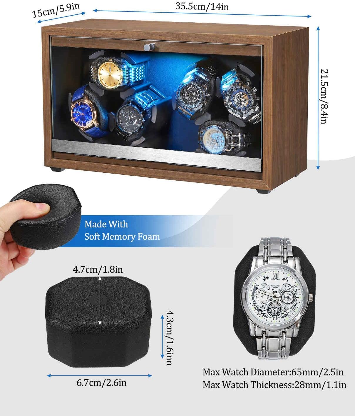 Watch Winder 6 with LED and Super Quiet Motor 4 Rotating Modes, Wooden Watch Storage Case Watch Shaker with USB Cable Gift (Black Walnut)