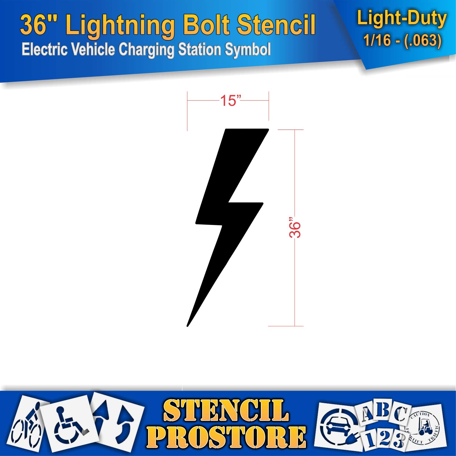 Pavement Stencils - 36 in - Electric Vehicle Lightning Bolt Stencil - 36'' x 15'' x 1/16" (63 mil) - Light-Duty