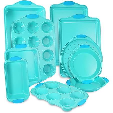 10-Piece Nonstick Bakeware Set with Blue Silicone Handles with Baking Pans, Baking Sheets, Cookie Sheets, Muffin Pan, Bread Pan, Pizza Pan and Cake Pan, Oven Safe