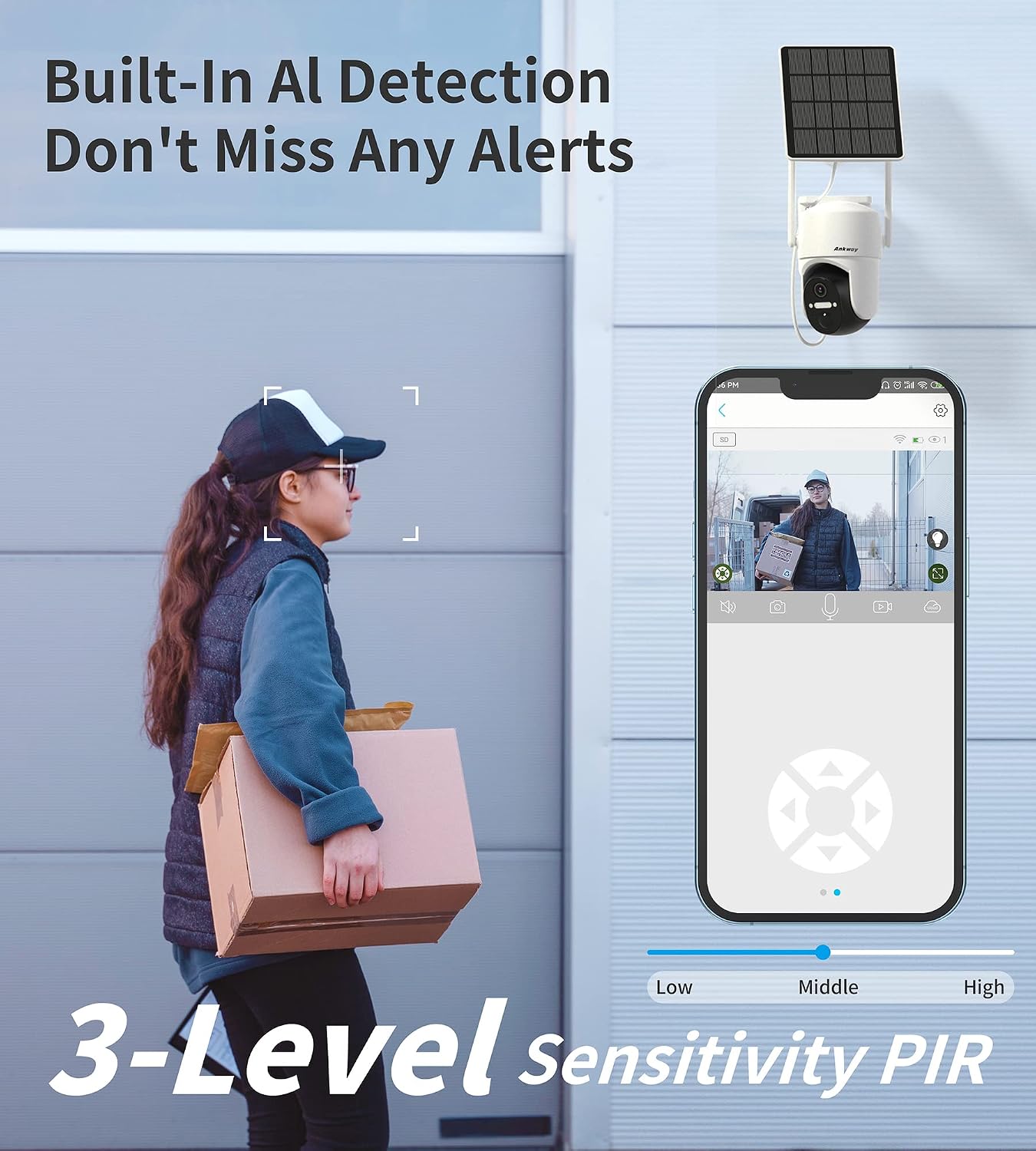 Ankway Solar Security Camera, Wireless Outdoor Cameras with Smart App, Color Night Vision, 360° PTZ WiFi Camera, IP65 Waterproof, AI Detection, 2-Way Talk, 3.5W Solar Powered Panel