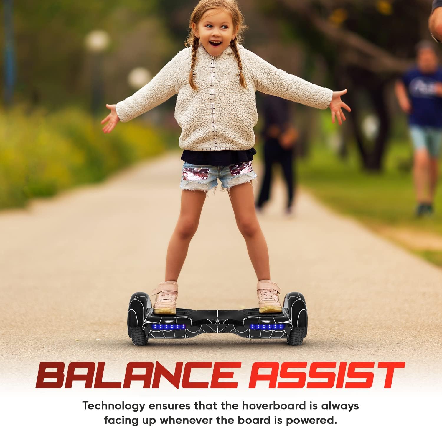 Spider-Pattern Hoverboard for Kids Ages 6-12, with Bluetooth Speaker and LED Lights 6.5" Hover Board, UL2272 Safety Certified (Black)
