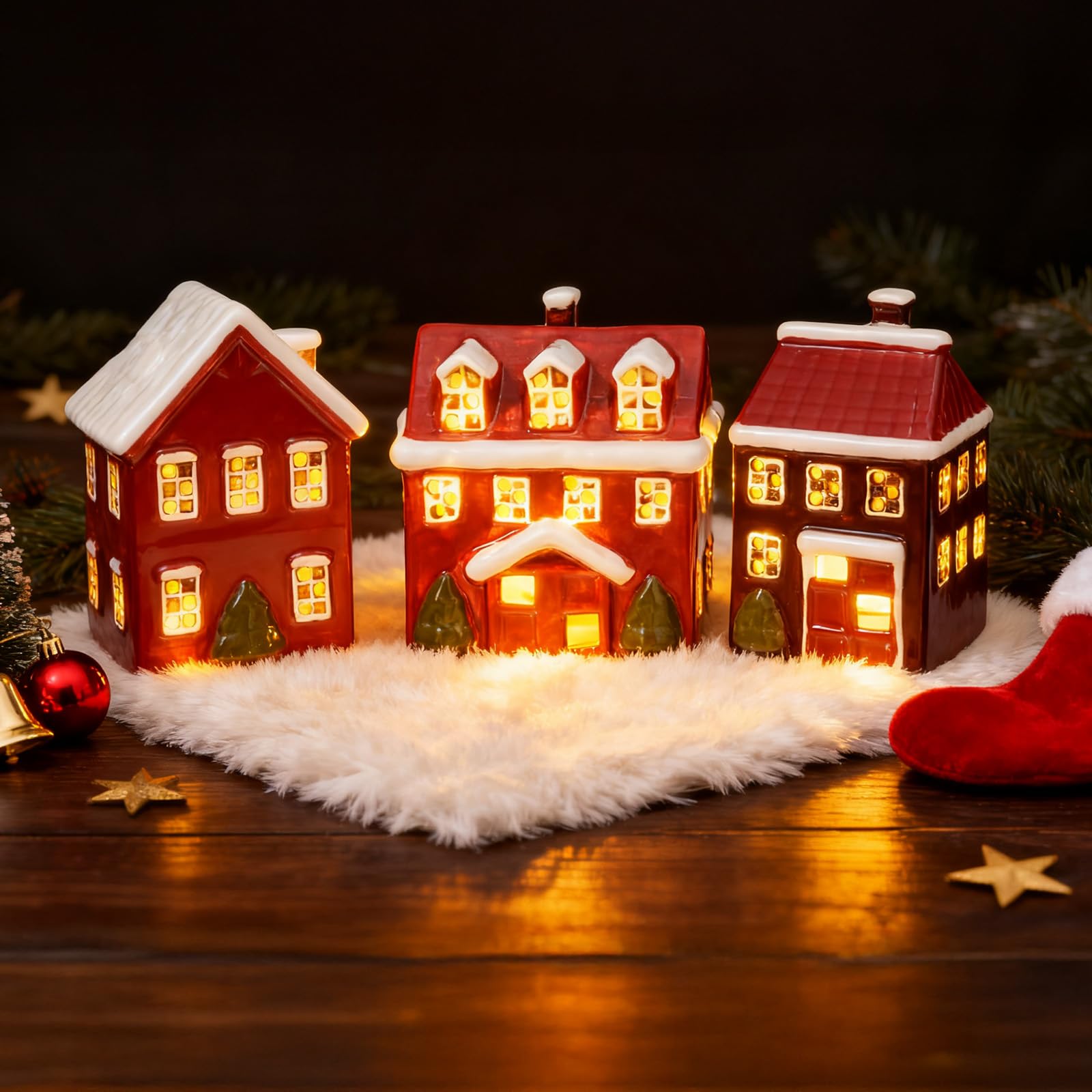 WDS WONDROUS Décorations de Noël – Lot de 3 maisons de village de Noël lumineuses en céramique peintes à la main, maisons de Noël d'intérieur rouges et blanches pour maison, table, chambre, ferme