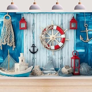 Blue Wooden Nautical Photo Background Summer Nautical Theme Baby Shower Birthday Party Decoration Sailing Ship Boat Rudder Fishing Net Summer Nautical Holiday Backdrop (8X6FT)