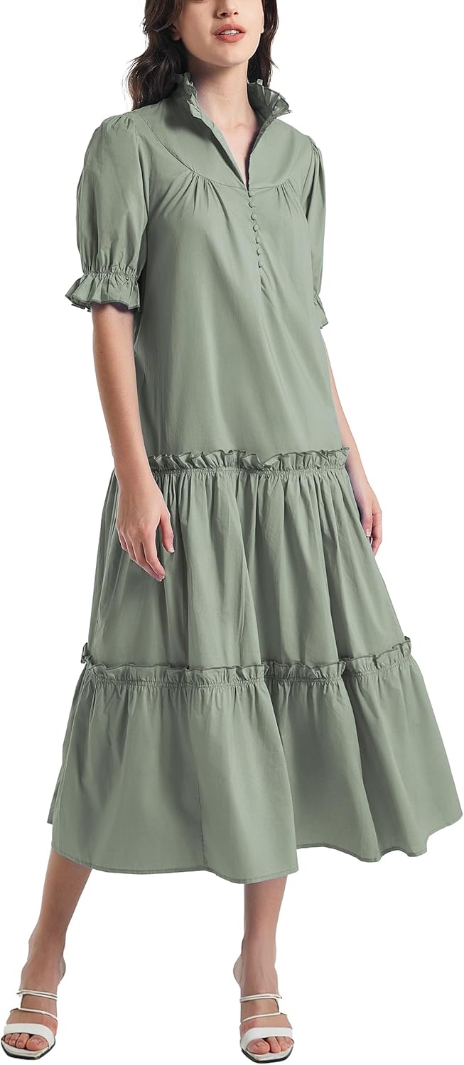 D-Sun Women Casual Button Down Maxi Dress Short Puff Sleeves Stand Collar Tiered Elegant Flowy Swing Long Dress with Tie