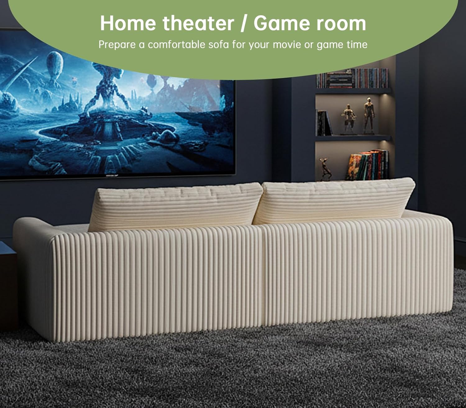 Boneless Couch 91“ Cloud Sofa 3-Seater Sectional Couches for Living Room, L-Shape Sofa with Ottoman, Comfy Flannel Fabric Oversized Loveseat Recliner Lounge Chaise with 2 Throw Pillow (Beige)