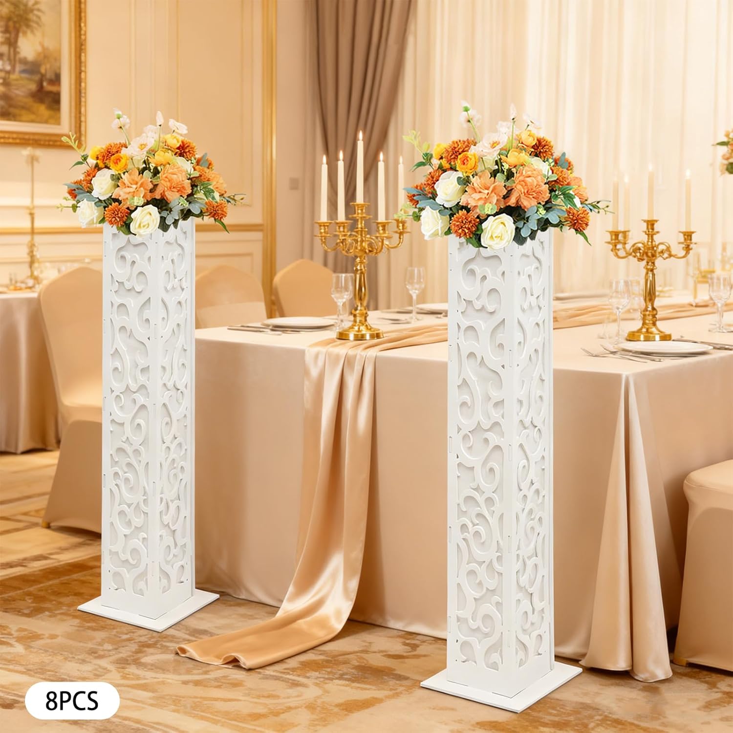8Pcs 47Inch Roman Style Carved Pillar Flower Stands, PVC Expansion Sheet Decorative Wedding Columns with Carved Pattern, Tall White Pedestal Stand Sets, for Wedding, Party, Christmas, Home Decoration