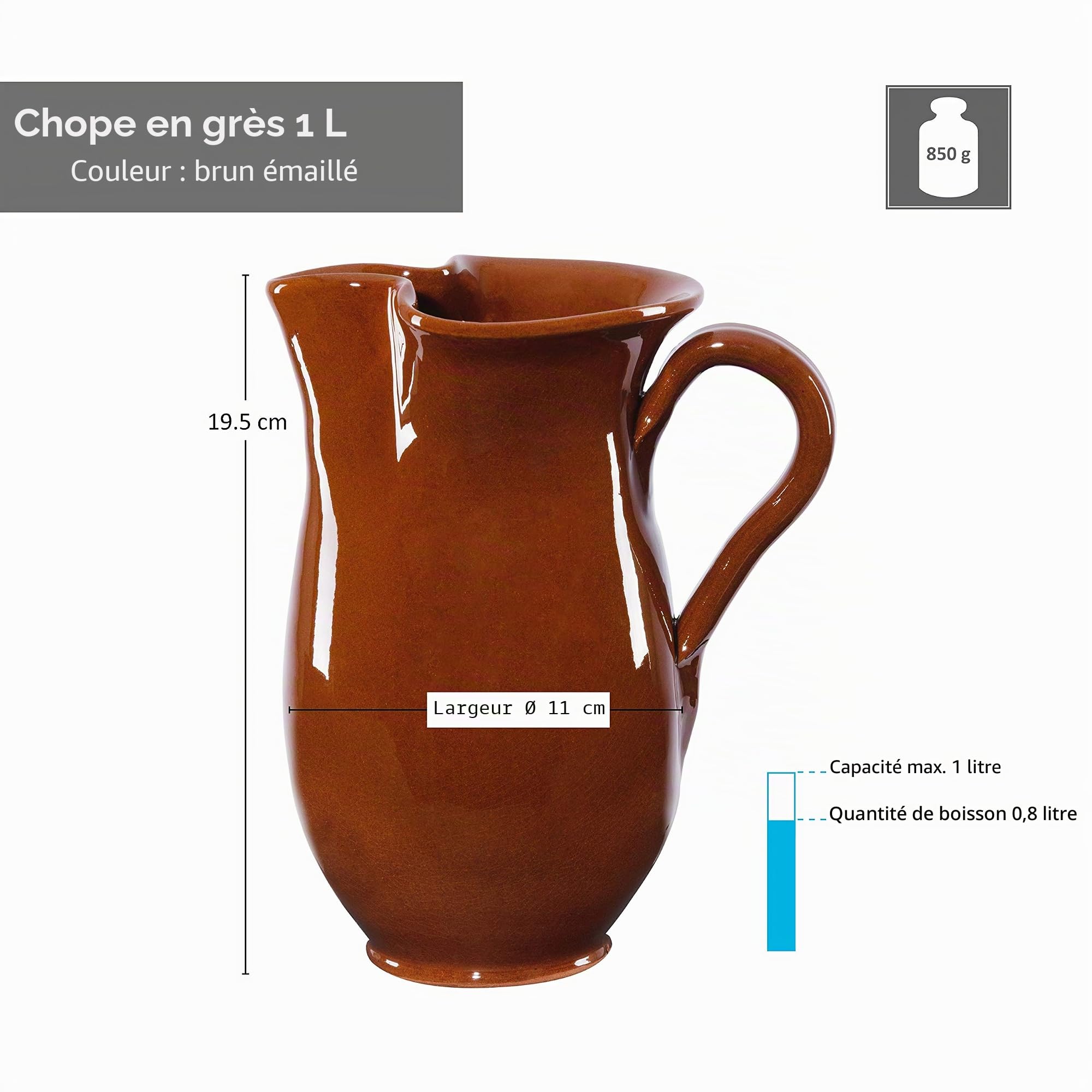 MamboCat Ensemble de 5 pièces : pichet en argile 1 l + 4 gobelets de 175 ml Vaisselle robuste marron émaillée Tasses de service Cuisine méditerranéenne Vin Fête