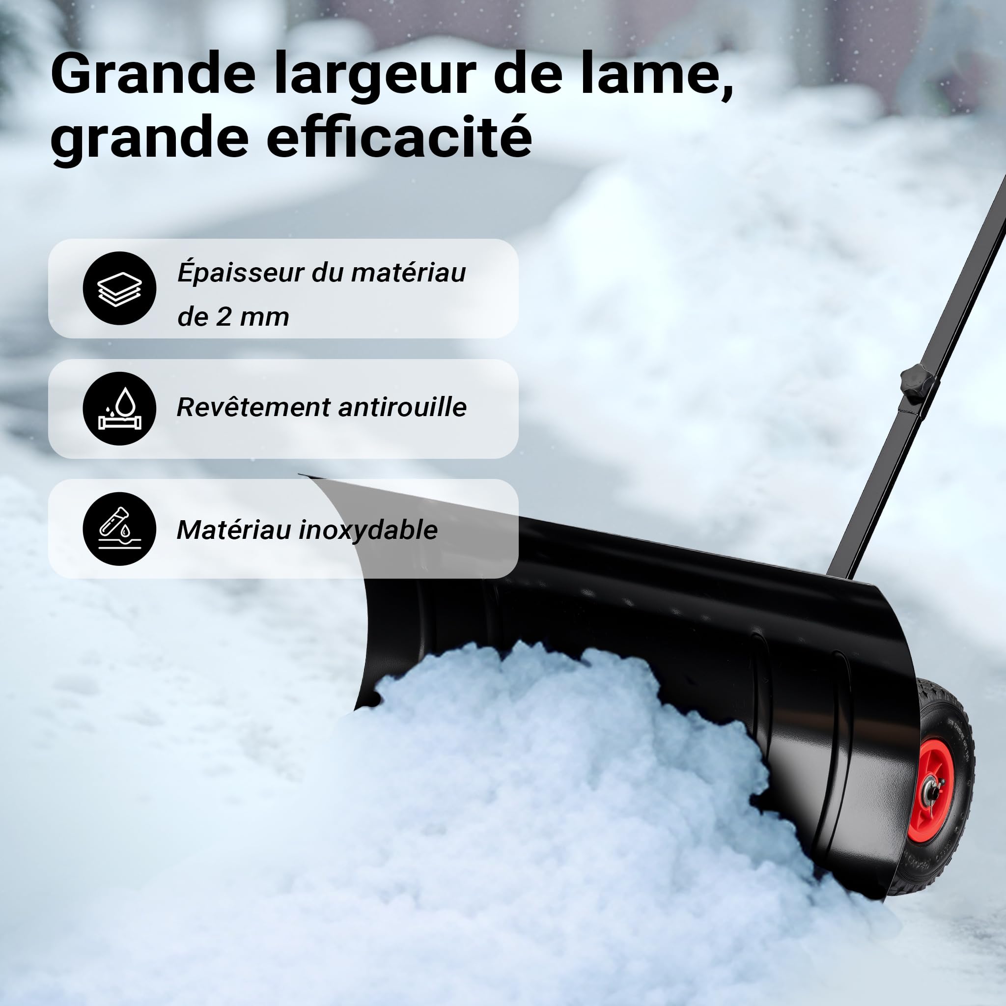 Wiltec Pelle à Neige sur Roues gonflables – Lame de 74 x 43 cm – Longueur poignée 100 cm – en PVC et Acier – Chasse Neige Manuel pour déneigement