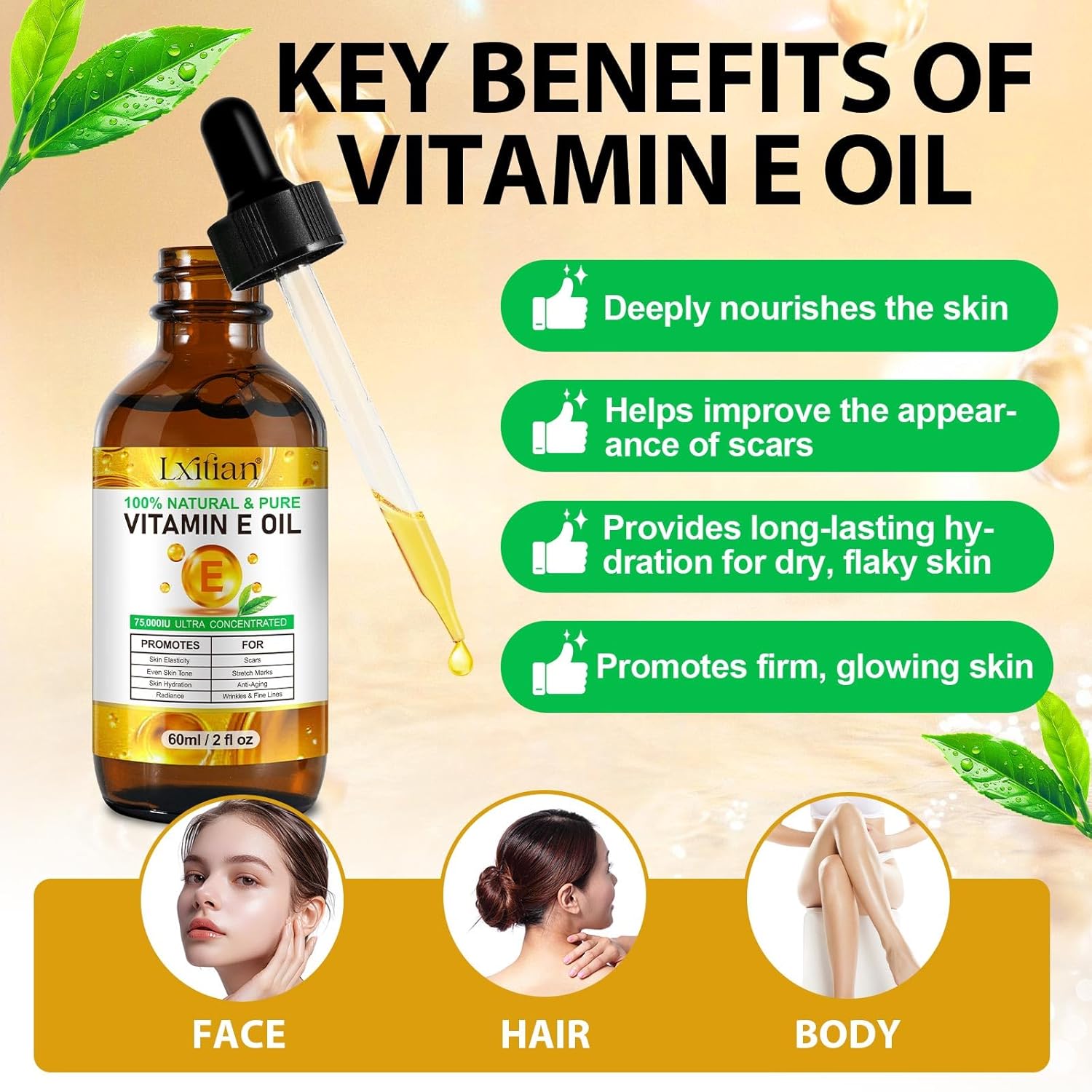Vitamin E Oil for Skin,75,000 IU Pure Vitamin E Oil for Face, Hair,Nail & Body Tightening Plump Skin,Reduce Fine Lines & Scars,Non-GMO - Image 5
