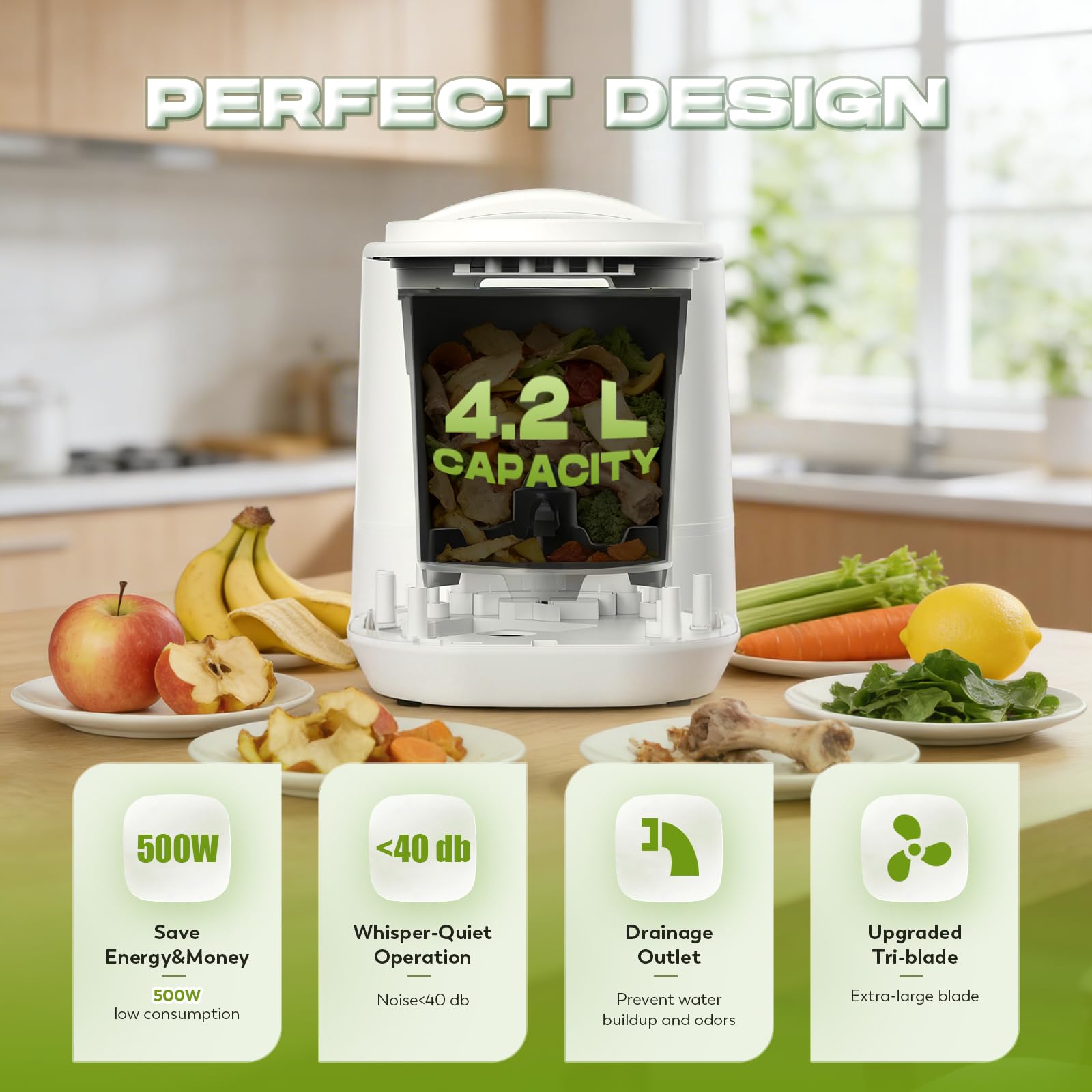 CGOLDENWALL Compostador Eléctrica de Cocina 4.2L, Compostaje Inteligente con Modos Express y Fermentación, Reducción 90‑95% de Residuos, Sin Olor, Autolimpieza, Blanco