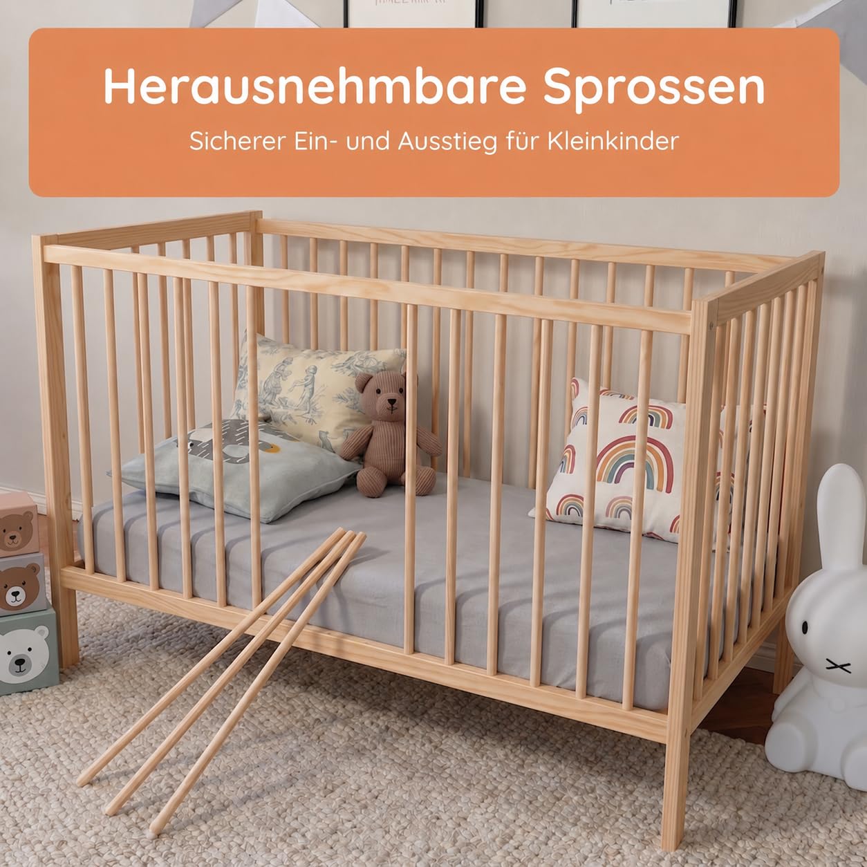 Kids Collective Babybett Kinderbett Beistellbett | Modulares Gitterbett Lattenrost 3-Fach höhenverstellbar & abnehmbare Sprossen | Baby Bett Holz Kinderzimmer | 120x60 cm | Natur
