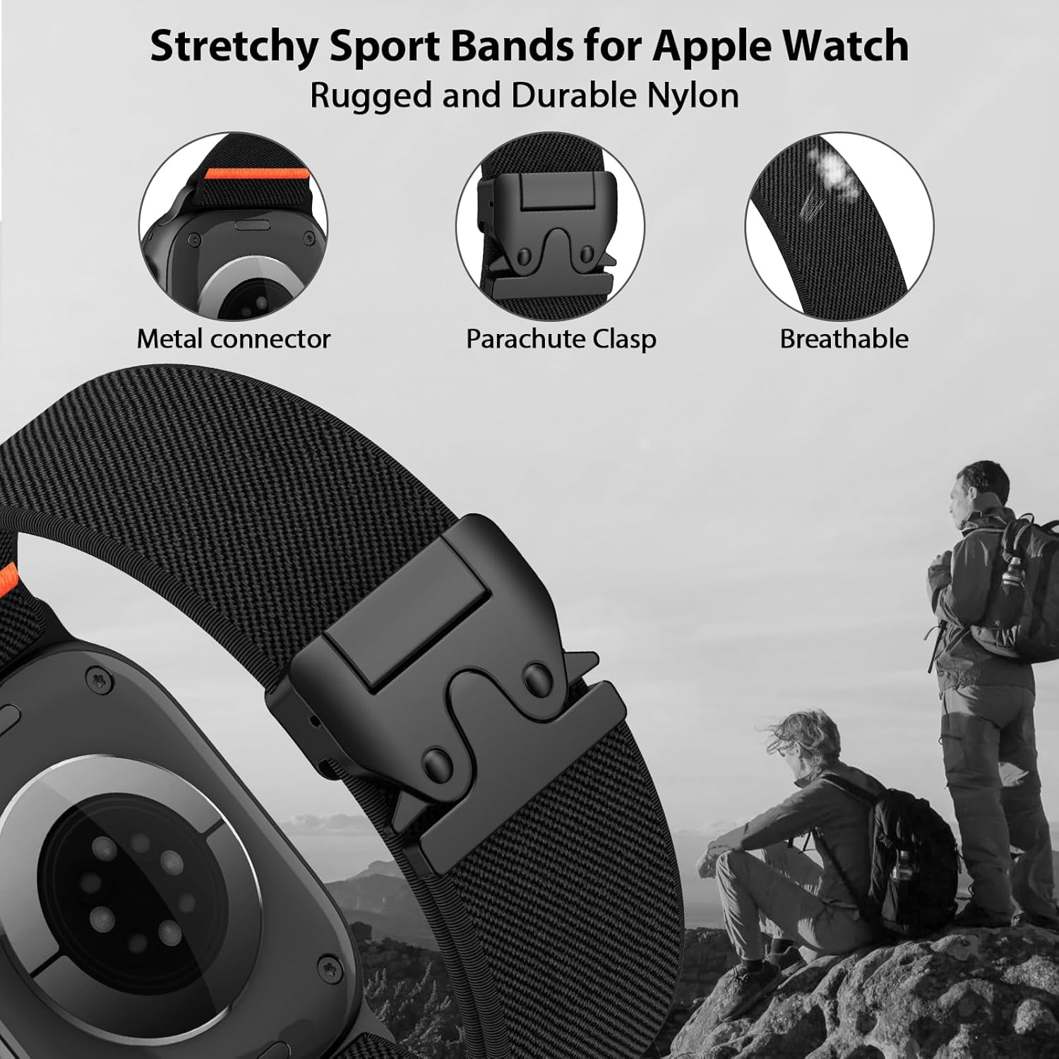 Elastic Sport Band for Apple Watch Ultra 3/2/1 Bands 49mm 46mm 45mm 44mm 42mm 41mm 40mm 38mm Men Women, Adjustable Parachute Buckle Nylon Fabric Wristband for iWatch Series 11 10 SE 9 8 7 6 5 4 3 - Image 2