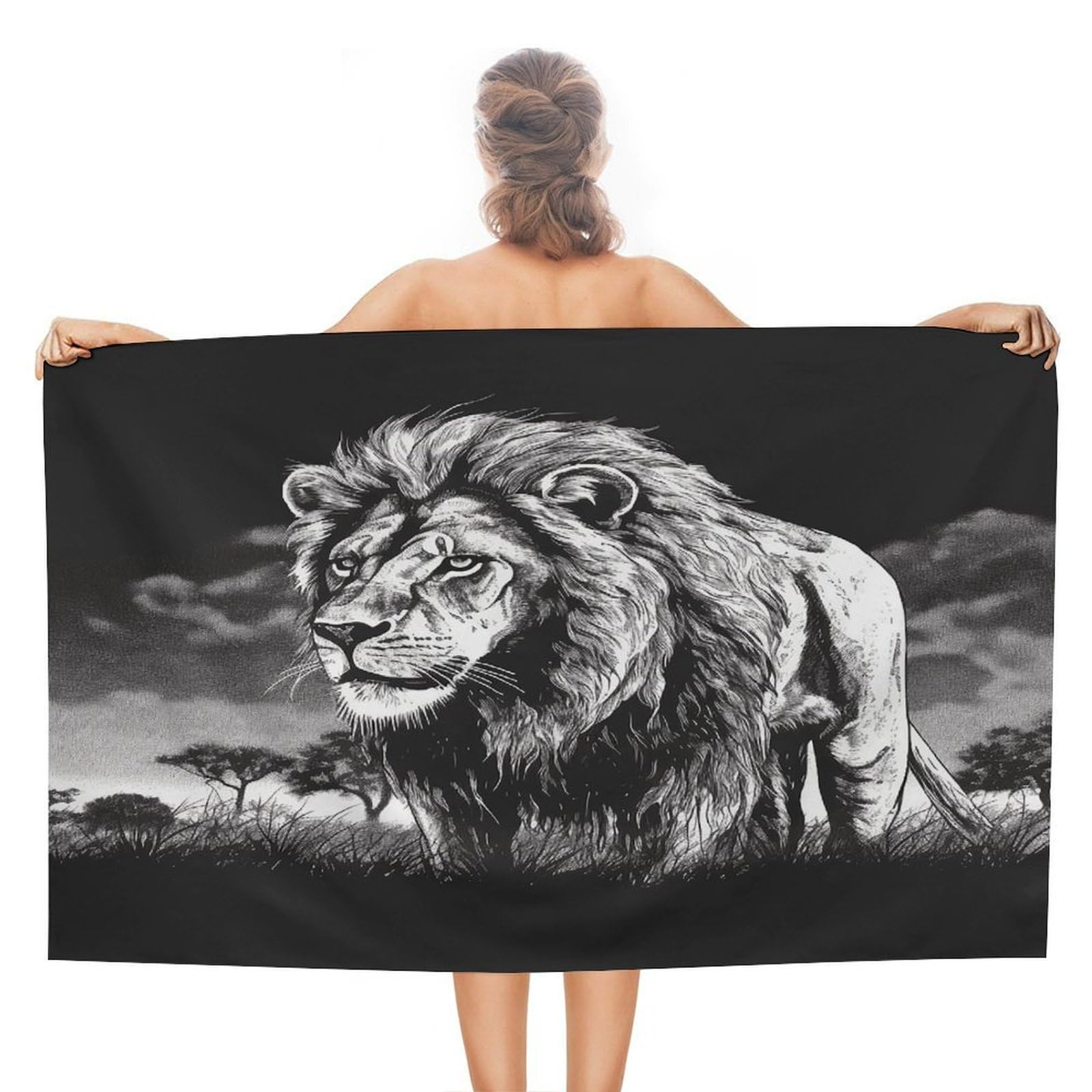 VstaDank Lion Black and White Illustration Beach Towel 51x31 Inch Oversized Soft Bath Towel Luxury Plush Thick Hotel Swim Pool Towels Super Quick Dry Travel Towels for Camping Gym Sports Yoga