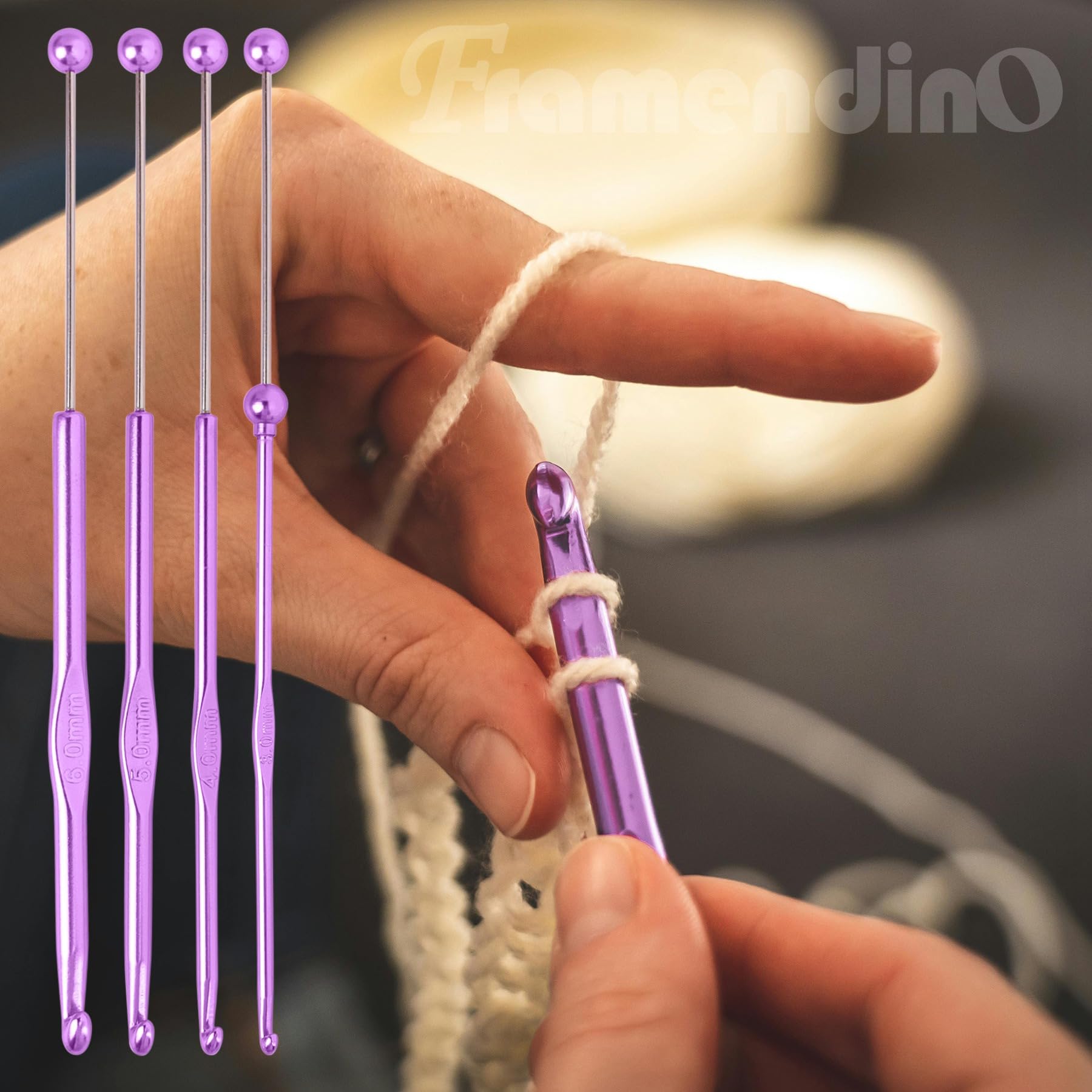 Framendino, Confezione da 24 uncinetti da 3 mm, 4 mm, 5 mm, 6 mm, in alluminio, per lavori a maglia, 6 colori