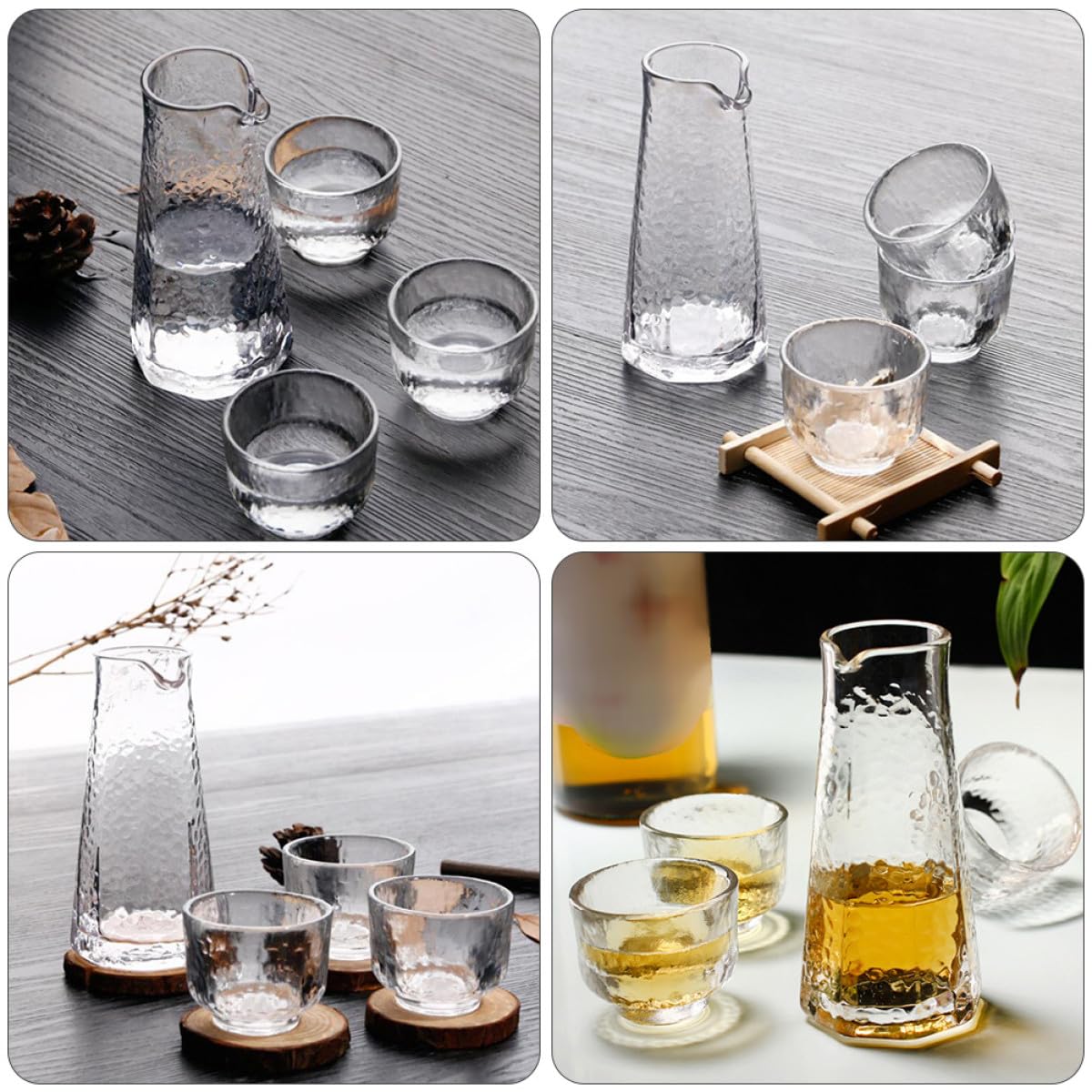 Set Sakè Giapponese Vetro Trasparente 1 Bottiglia Collo Stretto 3 Bicchieri Design Raffinato per Degustazione Liquori e Intrattenimento Casa