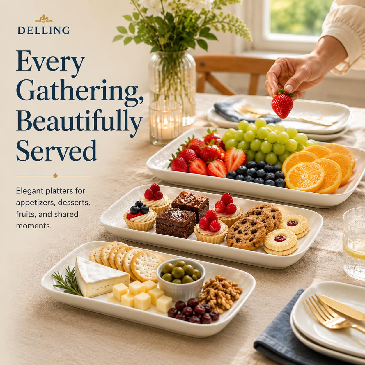 DELLING Großes Servierplatten-Set, 40,6 cm, 35,6 cm, 30,5 cm, 30,5 cm, großes Serviertablett – rechteckig, weiß, Serviertabletts für Party, Sushi, ofenfest, 3er-Set, Weiß
