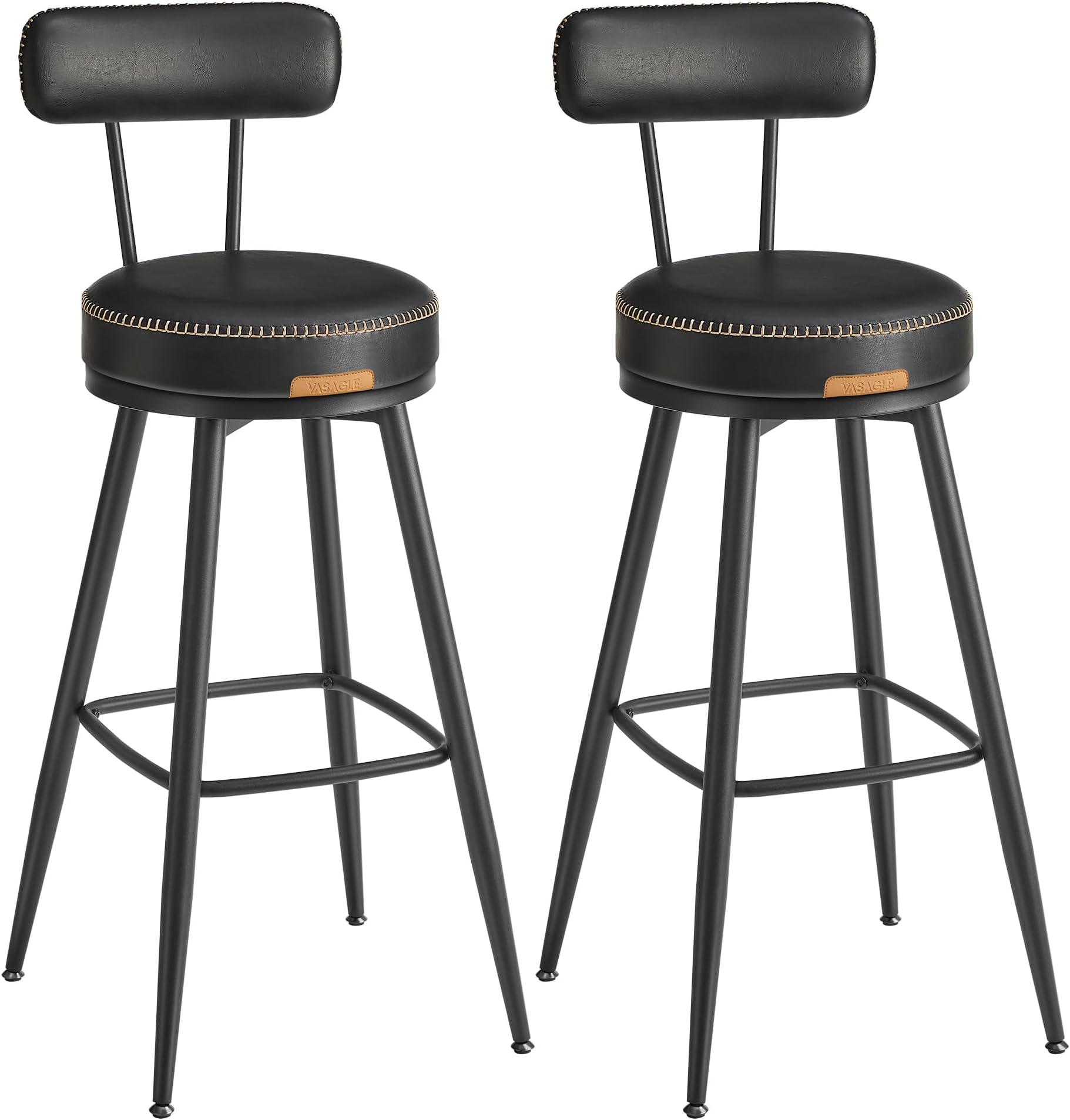 VASAGLE EKHO Collection - Bar Stools Set of 2, Swivel Bar Height Bar Stools with Back, Synthetic Leather with Stitching, Mid-Century Modern, 30-Inch Tall Barstools for Kitchen Home Bar, Ink Black