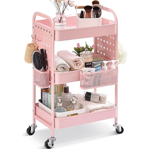 TOOLF 3-Tier Utility Cart, Metal Rolling Storage Cart with DIY Pegboards, Art Craft Trolley with Baskets Hooks, Organizer Serving Cart Easy Assemble for Office, Bathroom, Kitchen, Kids' Room, Pink