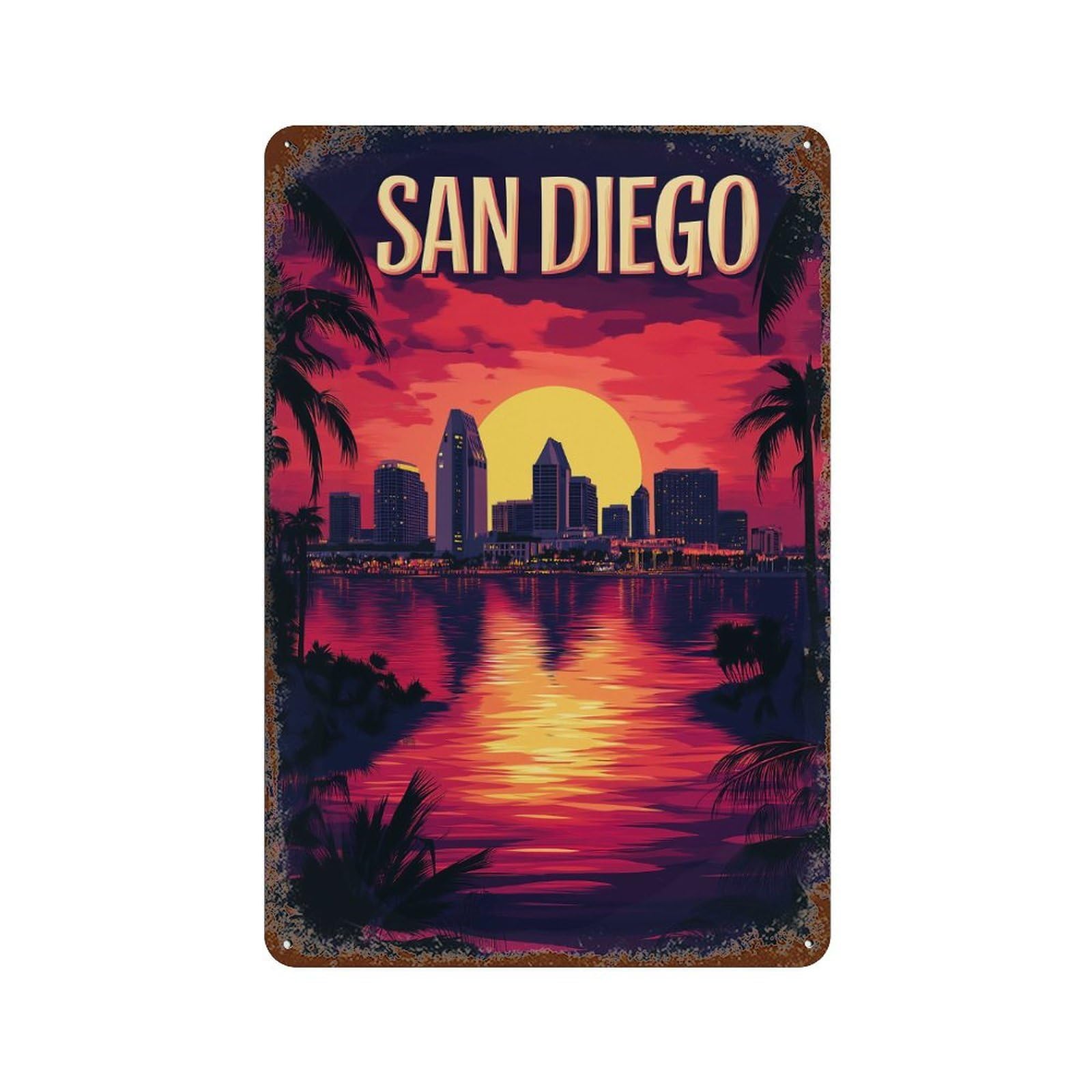 Rust Effect San Diego Sunset Skyline Rusty Metal Tin Sign 11.8"x7.9", Farmhouse Wall Decor for Cafe, Home Bar And Lounge Decor