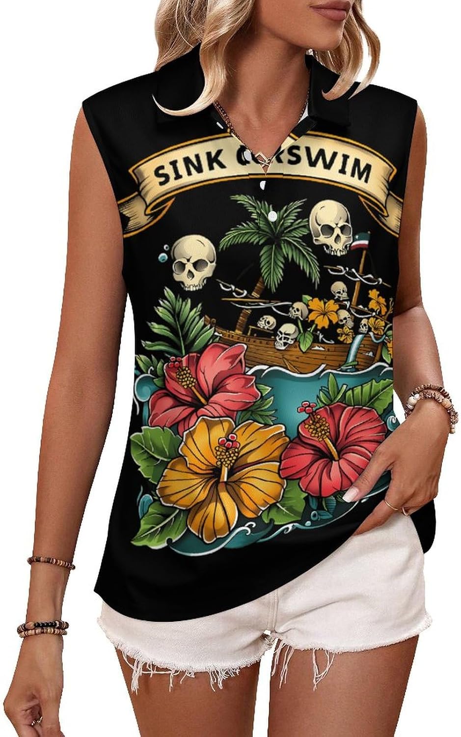 Hwaiian Adventure Skull Silk Or Swim Women's Sleeveless Polo Tank Top Print T-Shirt Tops Casual Tops Summer Workout